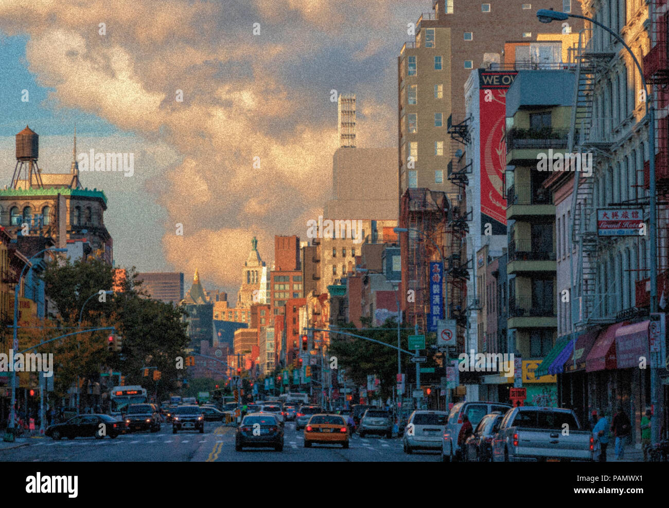 New York, nello Stato di New York, Stati Uniti d'America. Visualizza in basso il Bowery. Foto Stock