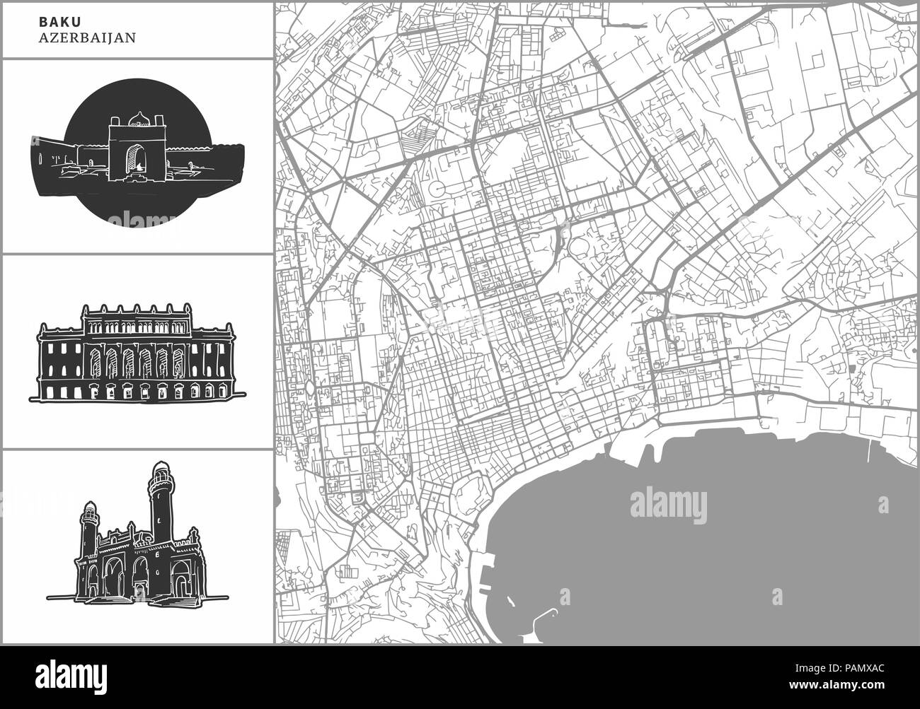 Baku mappa della città con disegnati a mano le icone di architettura. Tutti drawigns, mappa di sfondo e separati per un semplice cambiamento di colore. Facile riposizionamento in vettore versi Illustrazione Vettoriale