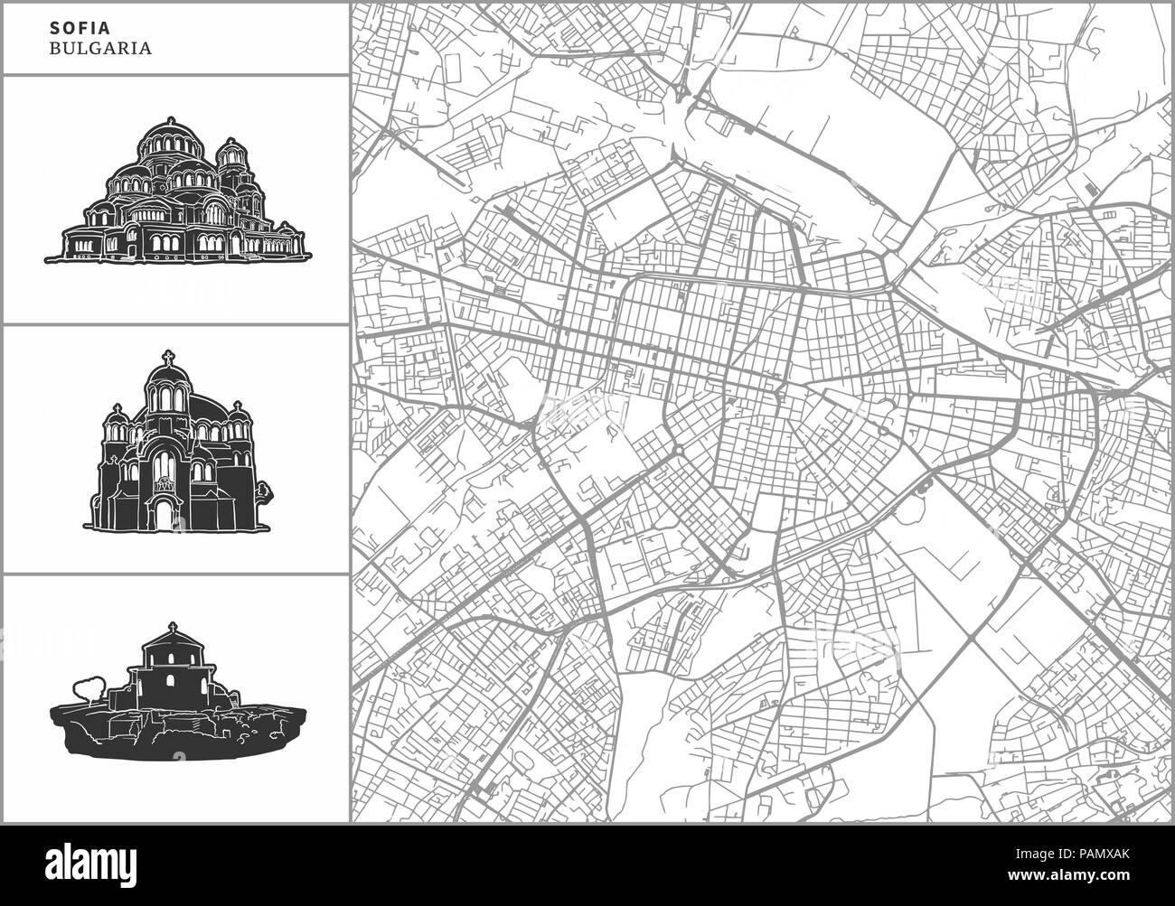 Città di Sofia mappa con disegnati a mano le icone di architettura. Tutti drawigns, mappa di sfondo e separati per un semplice cambiamento di colore. Facile riposizionamento in vettore vers Illustrazione Vettoriale