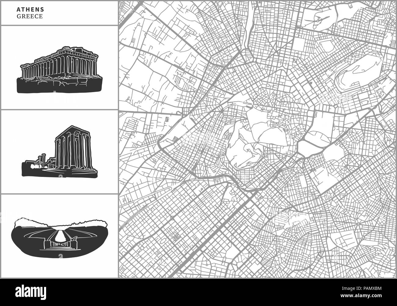 Athens City map con disegnati a mano le icone di architettura. Tutti drawigns, mappa di sfondo e separati per un semplice cambiamento di colore. Facile riposizionamento in vettore ver Illustrazione Vettoriale