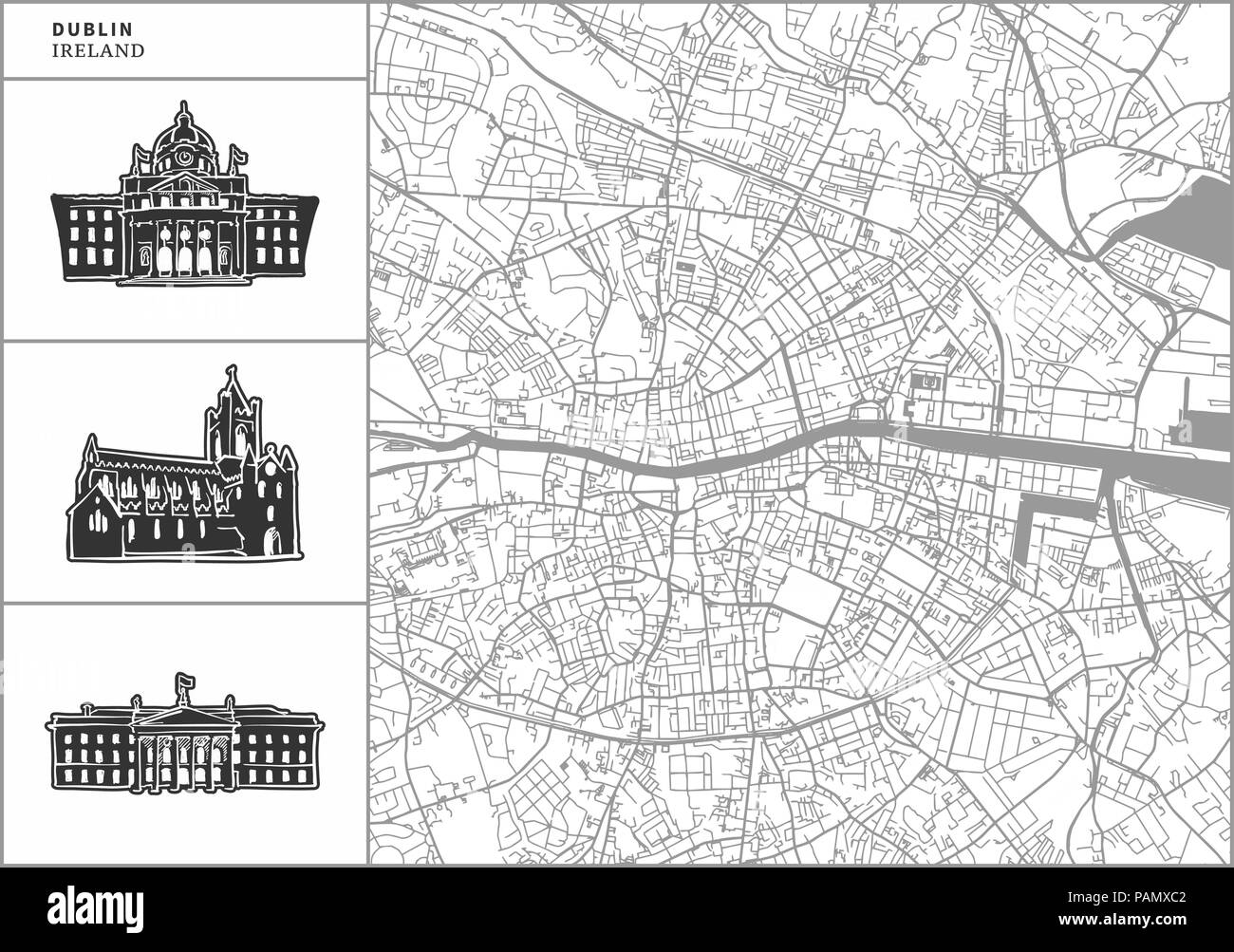 La città di Dublino mappa con disegnati a mano le icone di architettura. Tutti drawigns, mappa di sfondo e separati per un semplice cambiamento di colore. Facile riposizionamento in vettore ver Illustrazione Vettoriale