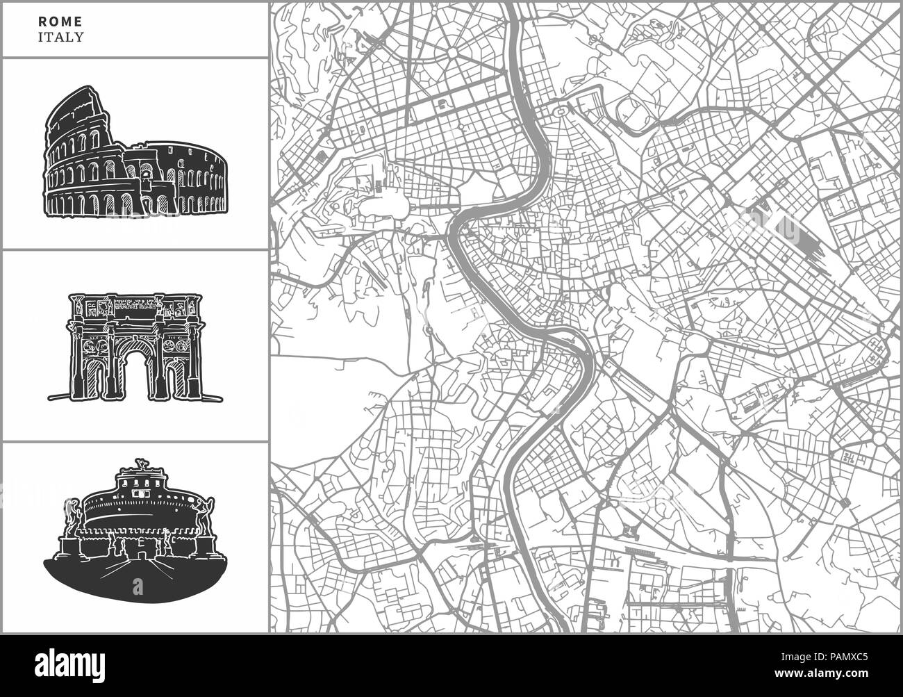 Piantina di Roma con disegnati a mano le icone di architettura. Tutti drawigns, mappa di sfondo e separati per un semplice cambiamento di colore. Facile riposizionamento in vettore versi Illustrazione Vettoriale