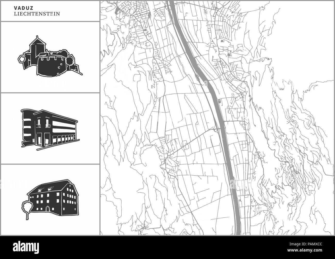 Vaduz mappa della città con disegnati a mano le icone di architettura. Tutti drawigns, mappa di sfondo e separati per un semplice cambiamento di colore. Facile riposizionamento in vettore vers Illustrazione Vettoriale
