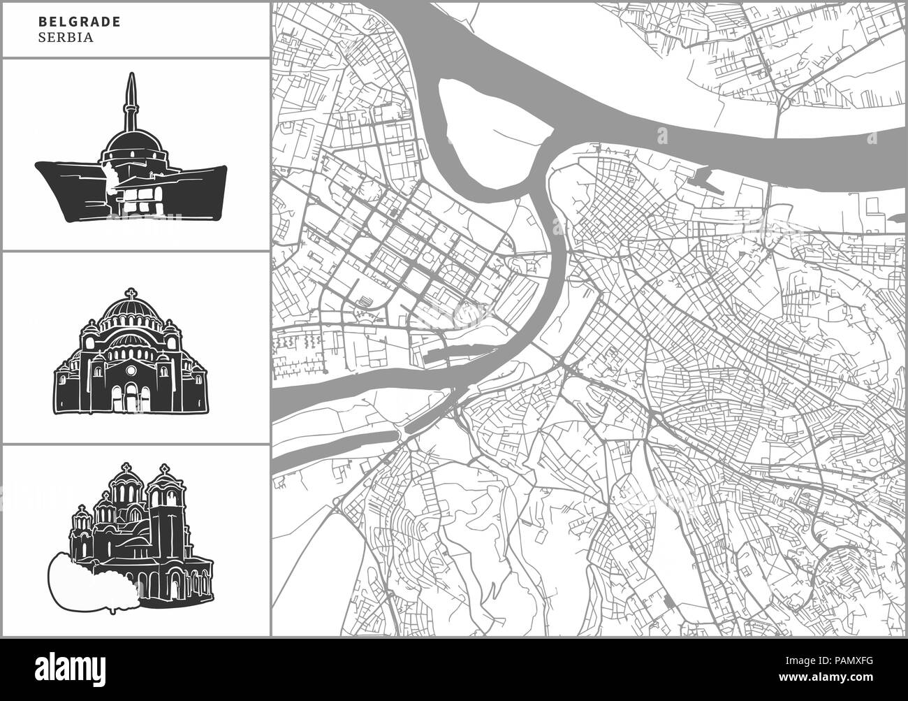 Città di Belgrado mappa con disegnati a mano le icone di architettura. Tutti drawigns, mappa di sfondo e separati per un semplice cambiamento di colore. Facile riposizionamento in vettore v Illustrazione Vettoriale
