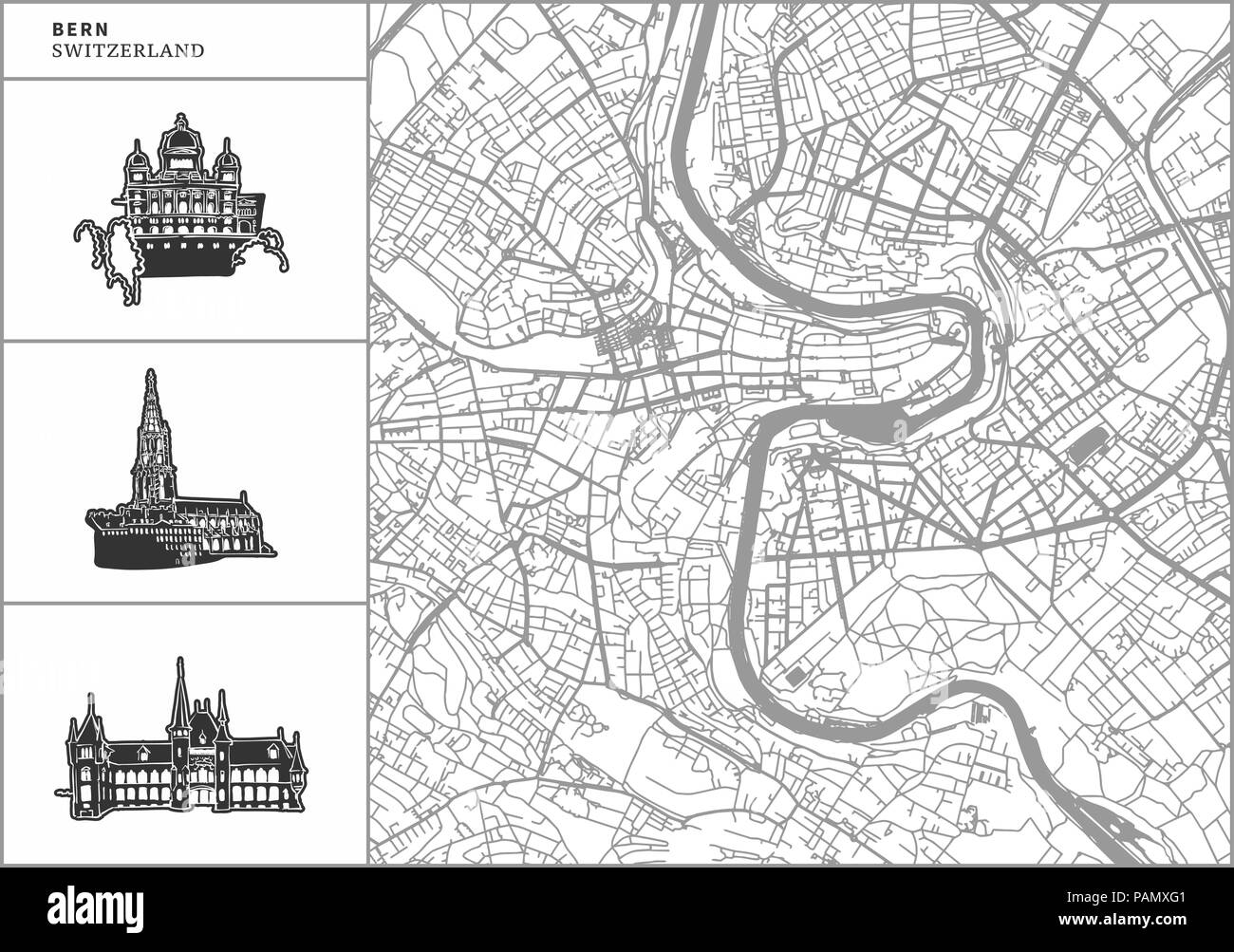 La città di Berna mappa con disegnati a mano le icone di architettura. Tutti drawigns, mappa di sfondo e separati per un semplice cambiamento di colore. Facile riposizionamento in vettore versi Illustrazione Vettoriale