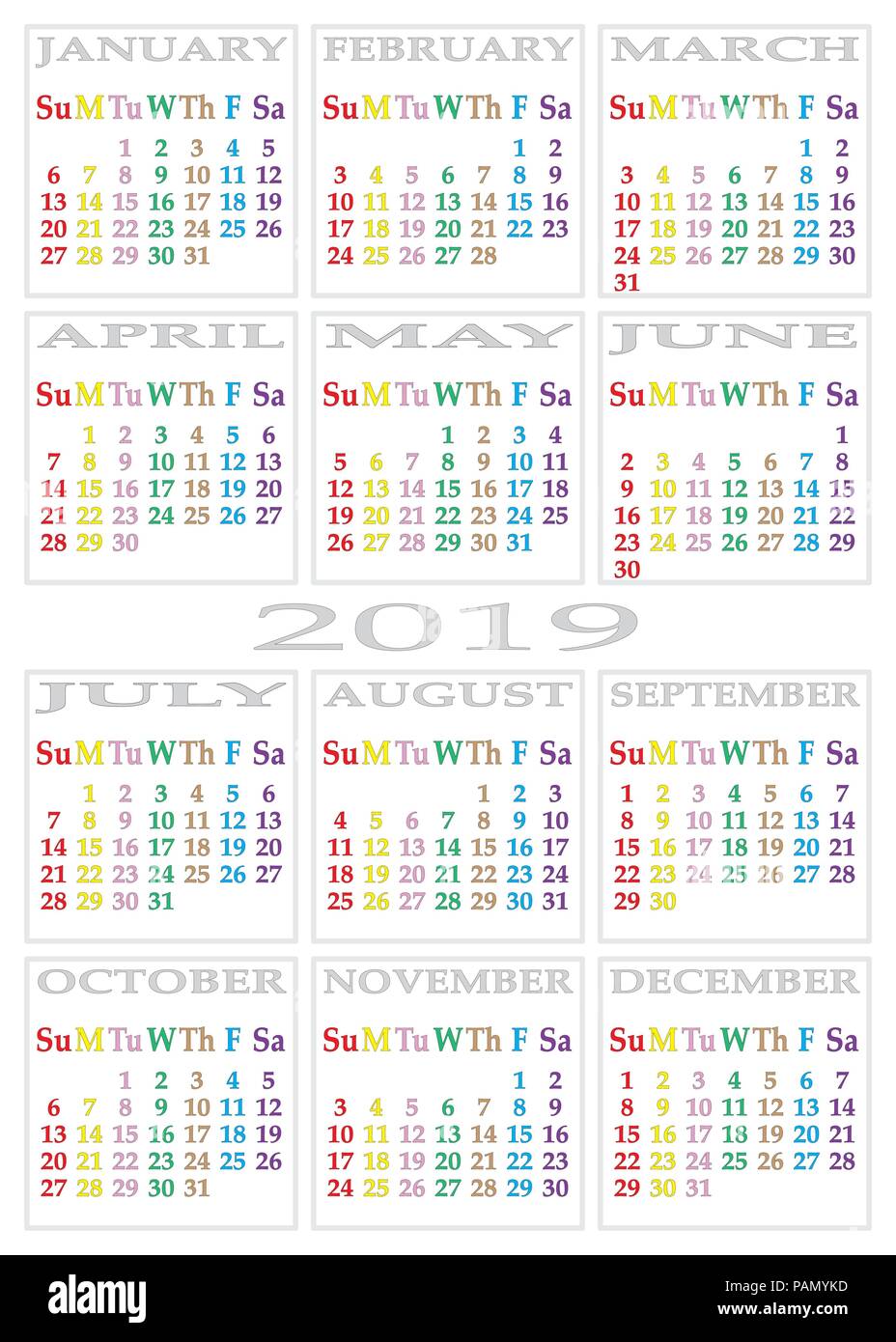 Calendario 2019 su sfondo bianco con colore specifico per ogni giorno della settimana Illustrazione Vettoriale