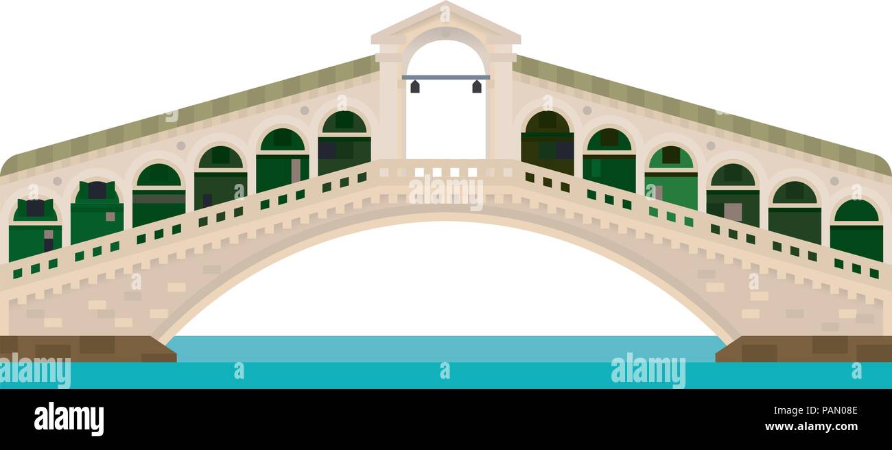Design piatto vettore isolato icona del Ponte di Rialto sul Canal Grande a Venezia, Italia Illustrazione Vettoriale