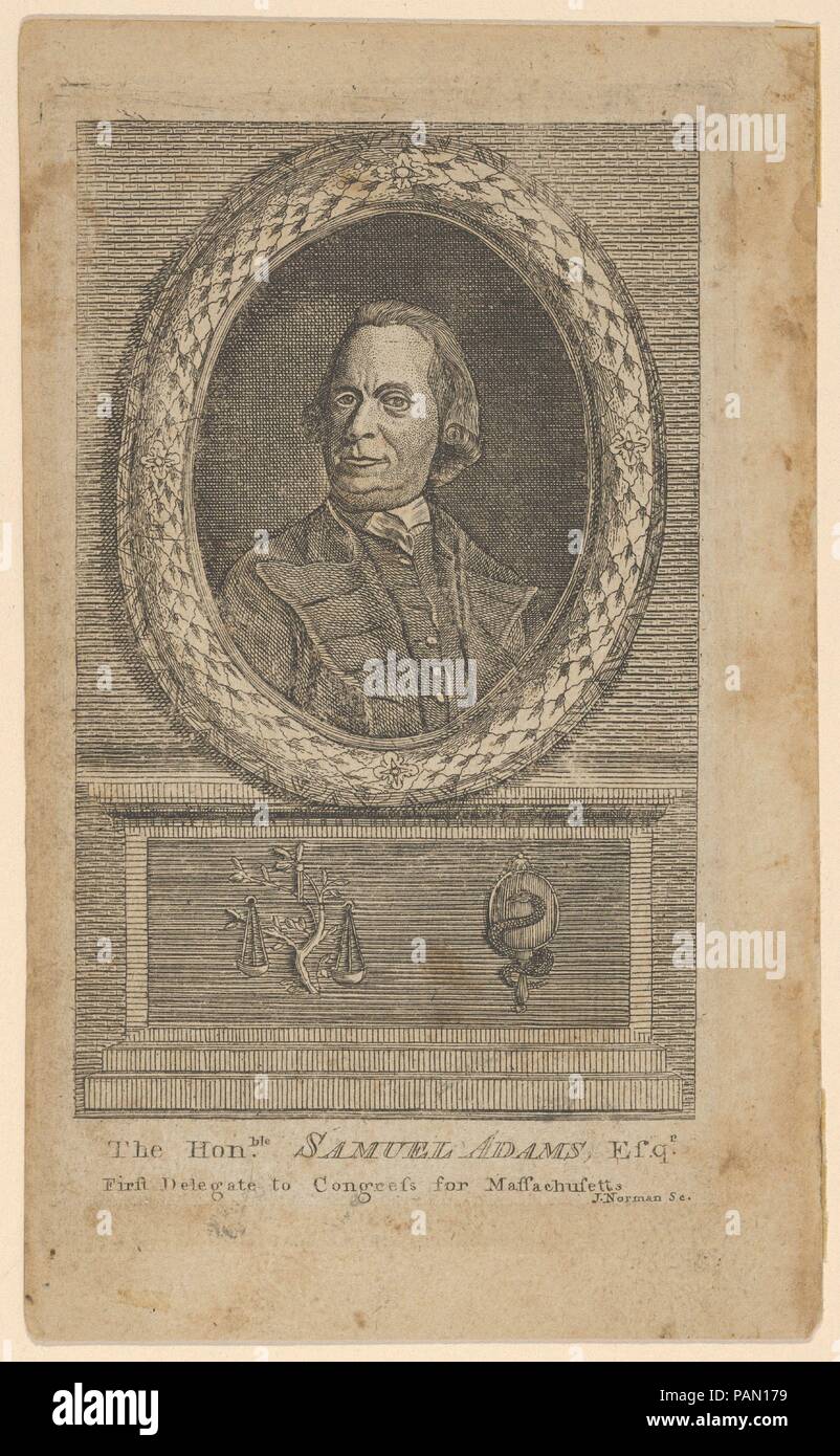 L' onorevole Samuel Adams, Esq., primo delegato al Congresso dal Massachusetts. Dimensioni: Piastra: 6 3/8 × 3 15/16 in. (16,2 × 10 cm) foglio: 7 5/8 × 4 3/16 in. (19,3 × 10,6 cm). Incisore: John Norman (American, nato in Inghilterra ca. 1748-1817 Boston). Sitter: Samuel Adams (American, Boston, Massachusetts 1722-1803). Data: 1781-83. Un busto lunghezza Ritratto di Samuel Adams, entro una cornice ovale, impostare su un plinto inciso con due emblemi: una bilancia pendente da un ramo di olivo e un serpente con la sua coda intorno alla maniglia di un mirror. Pubblicato come una illustrazione in: "Una storia imparziale della guerra Foto Stock