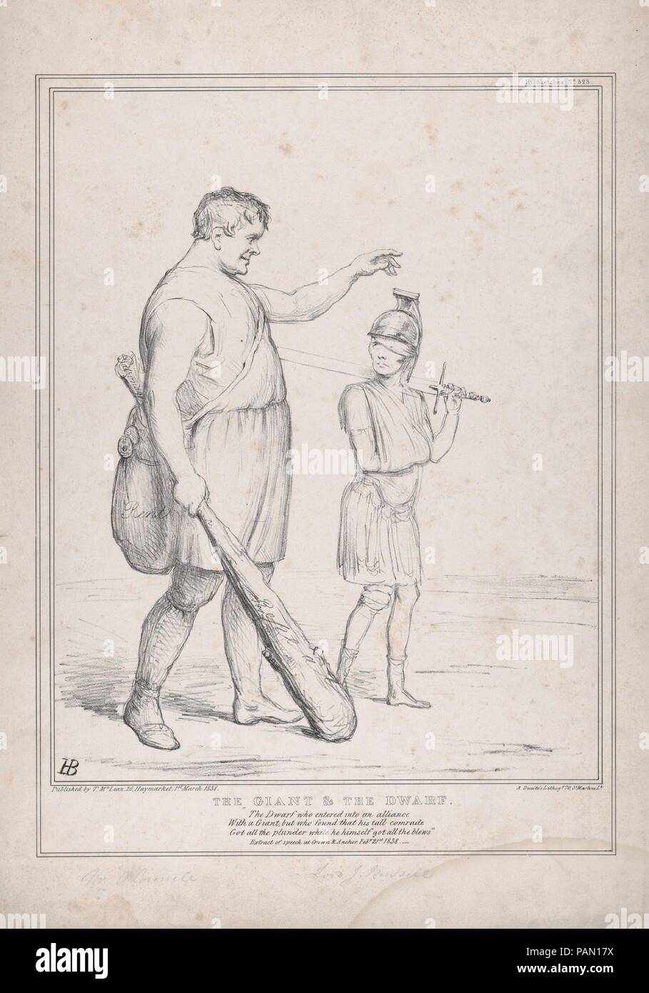Il Gigante e il Nano. Artista: John Doyle (l'irlandese di Dublino, Londra 1797-1868). Dimensioni: foglio: 17 a. × 10 7/8 in. (43,2 × 27,7 cm). Litografo: Alfred Ducôte (British, attivo 1830-40). Editore: Thomas McLean (British, attivo Londra 1788-1885). Serie/Portfolio: HB Bozzetti, No. 523. Oggetto: Daniel O'Connell (Irlandese, Cahirciveen, Kerry 1775-1847 Genova); Lord John Russell (British, 1792-1878). Data: Marzo 1, 1838. Museo: Metropolitan Museum of Art di New York, Stati Uniti d'America. Foto Stock