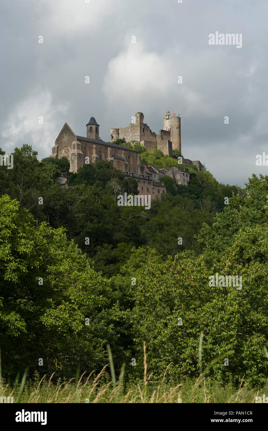 Il castello e Abbazia di Najac, Aveyron, Occitanie, Francia visto dal fiume Foto Stock