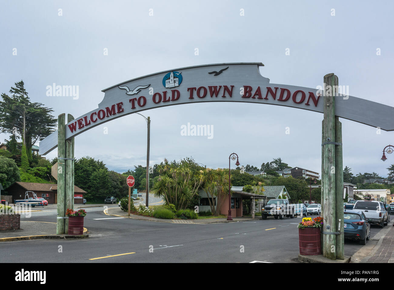 Bandon,Oregon,Stati Uniti d'America - 7 Giugno 2017 : il segnale di benvenuto alla Città Vecchia Bandon Foto Stock