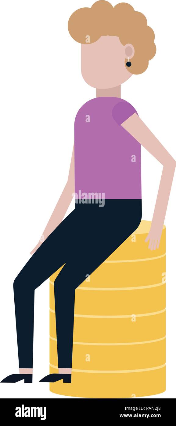 Ragazza seduta sulle monete icona isolati su sfondo bianco Illustrazione Vettoriale