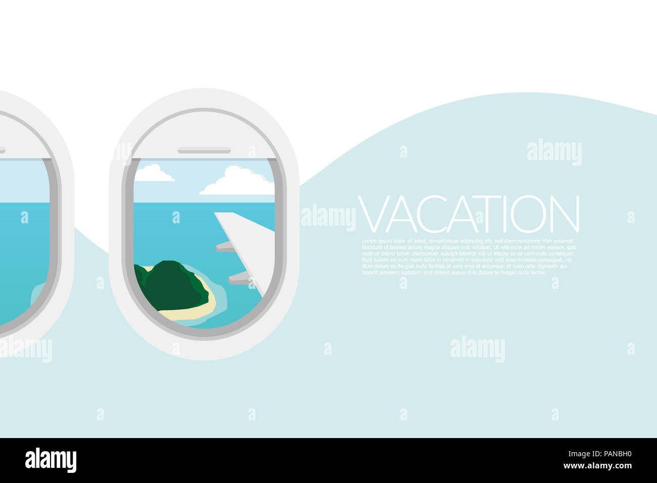 In aereo la visualizzazione della finestra. vista isola tropicale spiaggia dalla finestra aereo. destinazioni per le vacanze estive Foto Stock