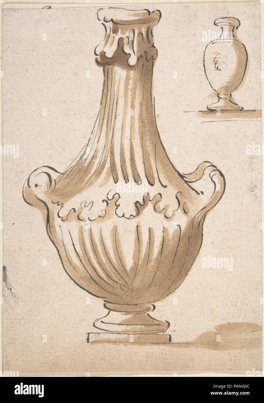 Design per un vaso: due maniglie, senza coperchio. Nell'angolo superiore destro, più piccolo e più semplice forma (recto); parte di un disegno di gesso (verso). Artista: Anonimo, Italiano, veneziano del XVIII secolo. Dimensioni: 6-1/4 x 4-7/16 in. (15,9 x 11,2 cm). Data: XVIII secolo. Museo: Metropolitan Museum of Art di New York, Stati Uniti d'America. Foto Stock