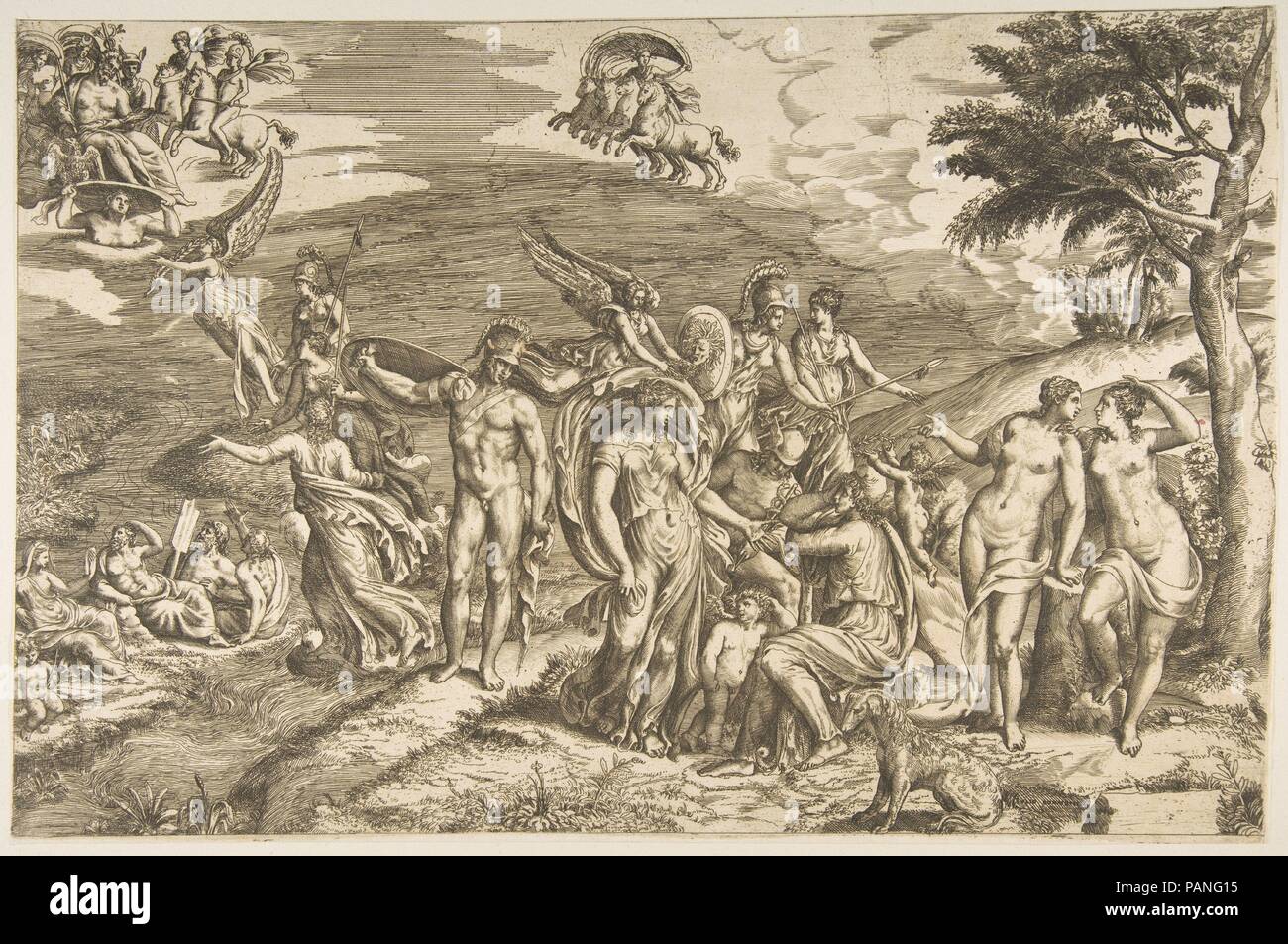 La sentenza di Parigi. Artista: Giulio Bonasone (italiano, attivo a Roma e Bologna, 1531-dopo il 1576). Dimensioni: foglio: 11 15/16 x 18 1/16 in. (30,4 x 45,9 cm). Data: ca. 1550-60. Ispirato in parte da Marcantonio di incisione e dal sarcofago romano (ora nella Villa Medici di Roma) che era uno di Raffaello delle fonti per la progettazione, Bonasone mostra molto meno interesse in forme scultoree. Il suo più versione lirica del soggetto è composta da morbidamente figure modellate e fluente disegni superficiali, come ad esempio le linee curvilinea che formano l'acqua. Museo: Metropolitan Museum of Art di New York, Stati Uniti d'America. Foto Stock