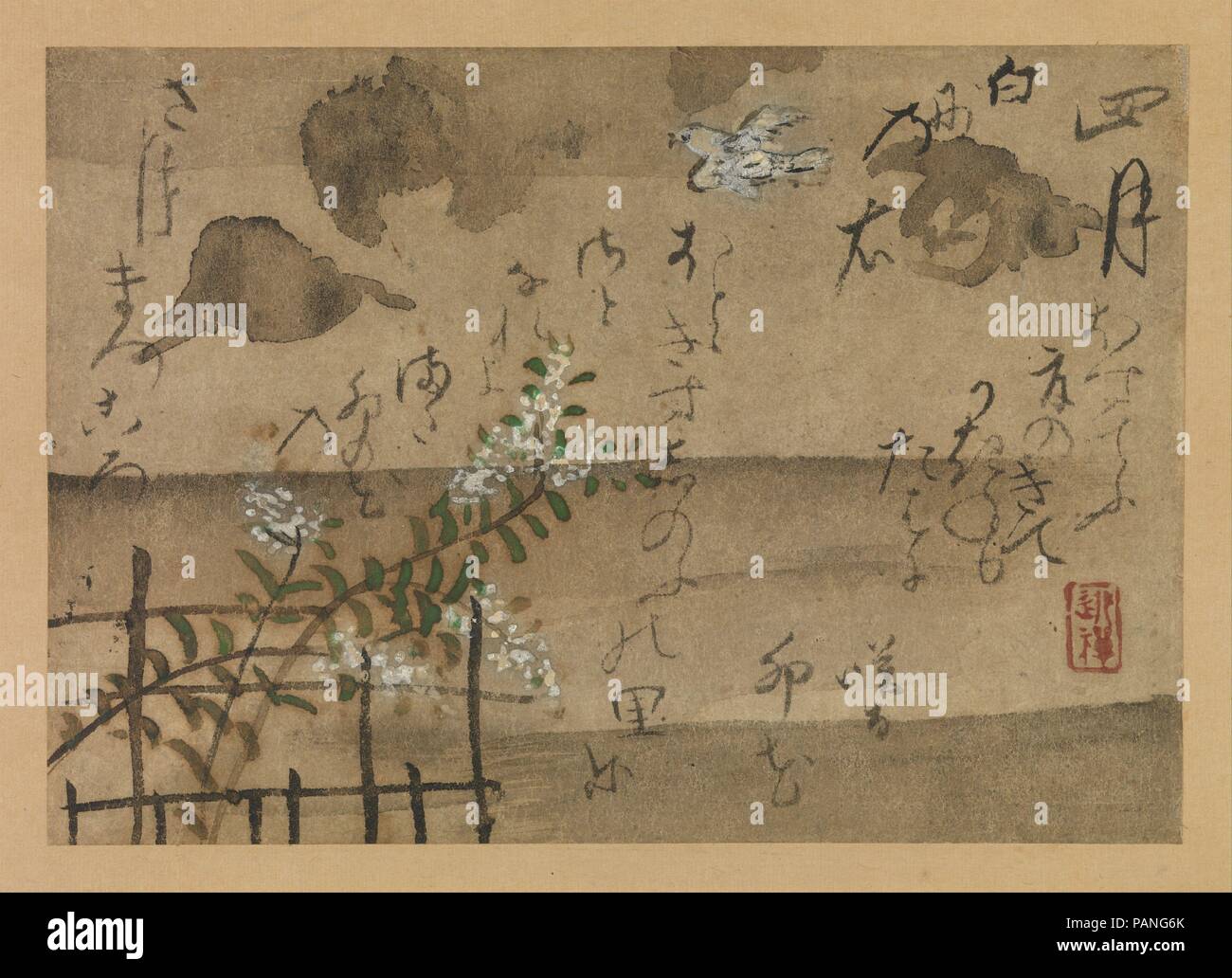 Termini " quarto mese " da Fujiwara no Teika 'uccelli e fiori di dodici mesi". Artista: Ogata Kenzan (giapponese, 1663-1743). Cultura: il Giappone. Dimensioni: Immagine: 6 5/16 x 8 15/16 in. (16 x 22,7 cm) complessivamente con il montaggio: 43 1/4 x 19 in. (109,9 x 48,3 cm) in generale con le manopole: 43 1/4 x 20 5/8 in. (109,9 x 52,4 cm). Data: 1743. Kenzan, fratello del pittore e disegnatore Ogata Korin (1658-1716), è meglio conosciuto come un vasaio ma è stato anche un pittore di talento e calligrafo. Il piccolo dipinto è stato separato da un gruppo di dodici che rappresentano le piante e gli animali simbolici di dodici mesi, ciascuna insc Foto Stock