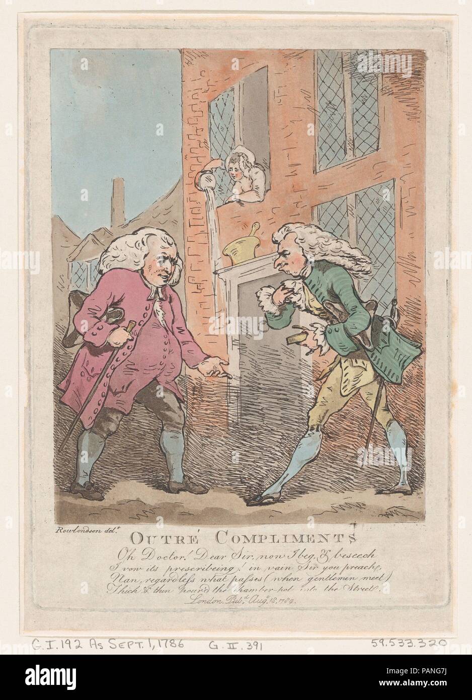 Outré complimenti. Artista: Thomas Rowlandson (British, Londra Londra 1757-1827). Dimensioni: foglio: 8 7/8 x 6 1/4 in. (22,5 × 15,8 cm) Piastra: 8 7/16 x 6 in. (21,4 × 15,3 cm). Data: 15 agosto 1786. Museo: Metropolitan Museum of Art di New York, Stati Uniti d'America. Foto Stock