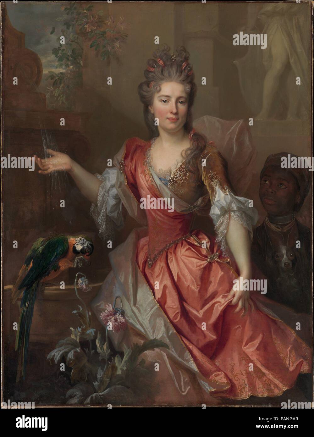 Ritratto di una donna, eventualmente Madame Claude Lambert de Thorigny (Marie Marguerite Bontemps, 1668-1701), e un servo schiavo. Artista: Nicolas de Largillierre (francese, Parigi Parigi 1656-1746). Dimensioni: 55 x 42 in. (139,7 x 106,7 cm). Data: 1696. Sebbene nato a Parigi, Largillierre ha iniziato la sua carriera in Anversa e Londra e la sua precedente ritratti mostrano la notevole influenza di Anthony van Dyck e Peter Lely. Il attenuato di tavolozza di colori morbidi e la still-life dettagli in questo dipinto riflettono la sua precoce formazione. Sebbene egli ha dipinto paesaggi e nature morte, Largillierre è meglio Foto Stock