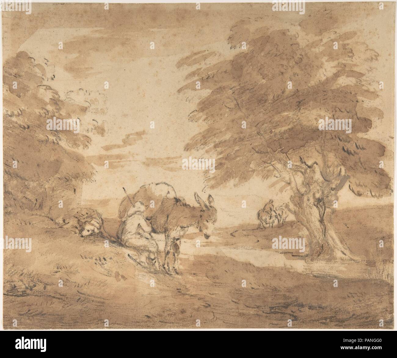 Un periodo di riposo dal modo (Aperto Paesaggio con figure, asino e cavalli). Artista: Thomas Gaunsborough (British, Sudbury 1727-1788 Londra). Dimensioni: foglio: 9 1/8 x 10 7/8 in. (23,2 x 27,7 cm). Data: ca. 1780. Usa marrone lavaggio definito da un tratti di penna, Gainsborough costruisce un paesaggio da pochi elementi--un passeggero si siede su un banco vicino al suo cane e caricato asino, alberi confine un percorso e un pilota si sposta nella distanza. La semplicità apparente smentisce l'artista della sofisticata padronanza di principi astratti e il disegno risale al suo periodo di Londra - che ha cominciato in 1774 dopo il suo passaggio dalla vasca da bagno Foto Stock
