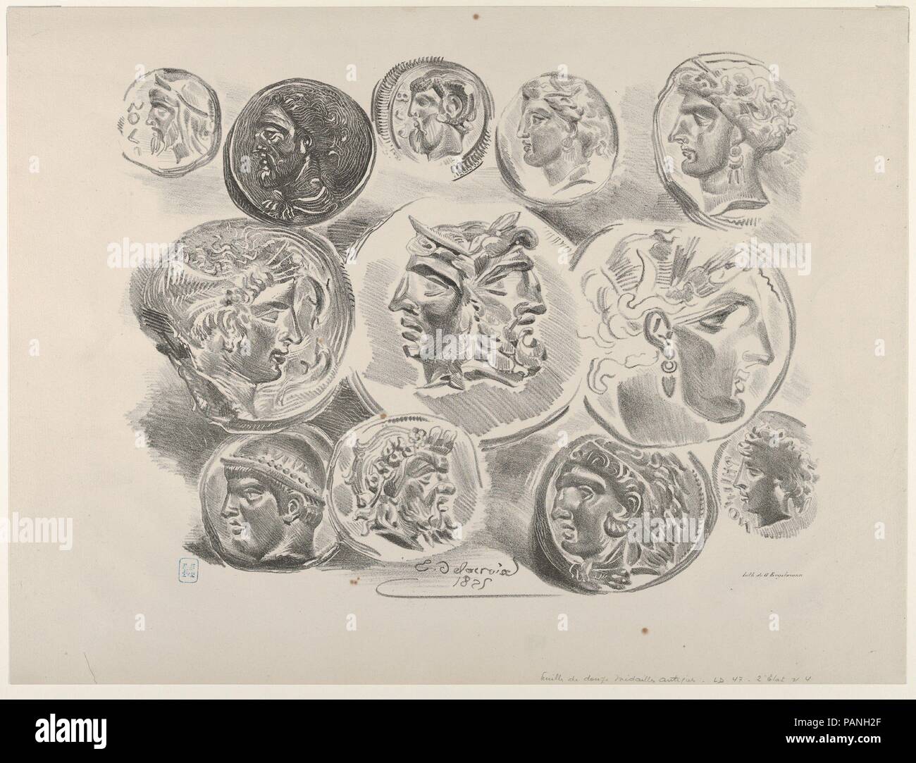 Studi di dodici monete del periodo greco e romano. Artista: Eugène Delacroix (francese, Charenton-Saint-Maurice 1798 - 1863 Parigi). Dimensioni: Immagine: 9 5/16 in. × 12 a. (23,6 × 30,5 cm) foglio: 11 5/8 × 15 7/16 in. (29,6 × 39,2 cm). Data: 1825. Delacroix ha sviluppato il suo stile di modellazione per studiare il Greco e monete romane nelle collezioni dei suoi amici Louis Auguste Schwiter e P. L. J. Casimiro, Duc de Blacas. Il suo 'système des oeufs' o 'impianto uovo", come suo assistente, De pianeta, chiamato, ha comportato la costruzione con forme ovoidali a sottolineare la messa piuttosto che di linea. Museo: Metropolitan Museum of Art di New Foto Stock