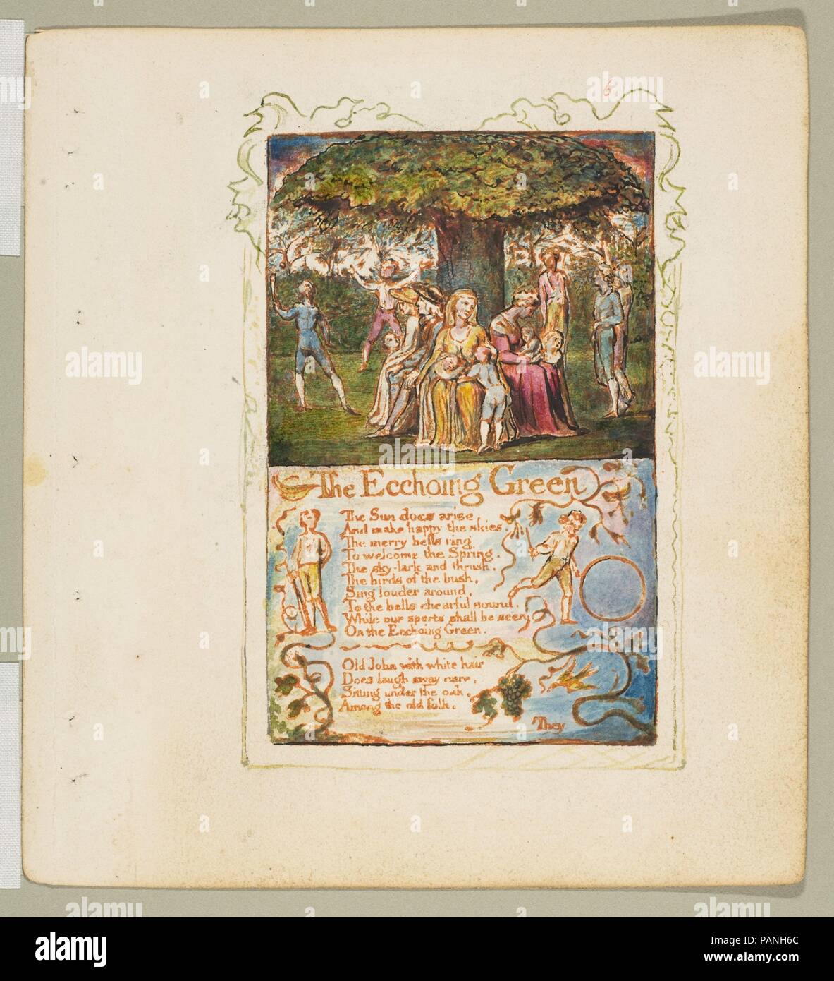 Canti di innocenza e di esperienza: La Ecchoing Green. Artista: William Blake (British, Londra Londra 1757-1827). Dimensioni: foglio: 6 3/16 x 5 9/16 in. (15,7 x 14,1 cm). Data: ca. 1825. Museo: Metropolitan Museum of Art di New York, Stati Uniti d'America. Foto Stock