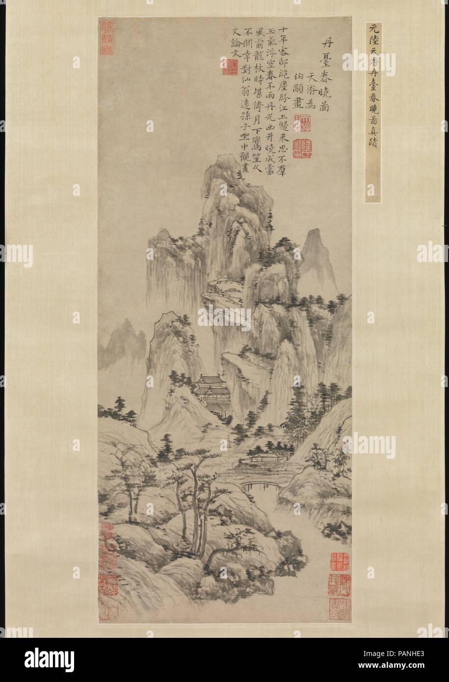 La molla alba sopra l'Elisir terrazza. Artista: Lu Guang (Cinese, ca. 1300-dopo il 1371). Cultura: la Cina. Dimensioni: Immagine: 24 1/4 x 10 1/4 in. (61,6 x 26 cm) in generale con montaggio: 87 1/2 x 17 5/8 in. (222.3 x 44,8 cm) in generale con le manopole: 87 1/2 x 20 5/8 in. (222.3 x 52,4 cm). Data: ca. 1369. Per sfuggire alla turbolenza dell'anno di chiusura della dinastia Yuan, Lu Guang percorsa lontano dalla sua città nativa di Suzhou. Dipinse la molla Alba dopo il suo ritorno al Lago Tai area, a seguito della creazione della Dinastia Ming nel 1368. Il riferimento all'Elixir terrazza nel titolo della pittura Foto Stock