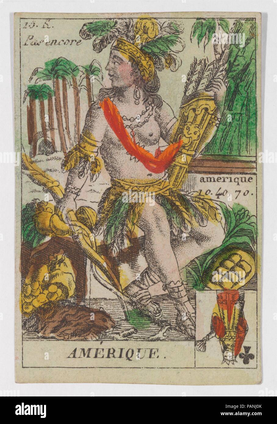 Amerique da carte da gioco (per i quartetti) 'costumi des Peuples Étrangers". Artista: Anonimo, francese del XVIII secolo. Dimensioni: 3 3/16 x 2 1/16 in. (8,1 × 5,3 cm). Data: 1700-1799. Museo: Metropolitan Museum of Art di New York, Stati Uniti d'America. Foto Stock