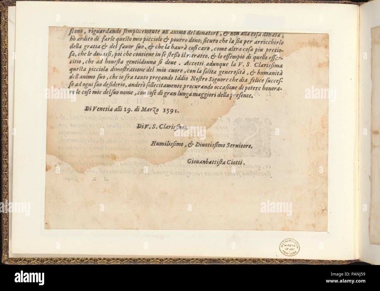 Prima parte de' Fiori, pagina 2 (verso). Autore: Giovanni Battista Ciotti (italiano, nato a Siena, ca. 1560). Dimensioni: complessivo: 6 11/16 x 9 1/16 in. (17 x 23 cm). Stampante: Nicolò Moretti , Venezia. Pubblicato in: Venezia. Editore: Francesco de' Franceschi (italiano, attivo del XVI secolo). Data: 1591. Scritto da Giovanni Battista Ciotti, stampati da Nicolò Moretti, Venezia, pubblicato da Francesco de' Franceschi, italiano, attivo del XVI secolo. La dedizione pagina stampata in nero, continua da pagina precedente. Museo: Metropolitan Museum of Art di New York, Stati Uniti d'America. Foto Stock