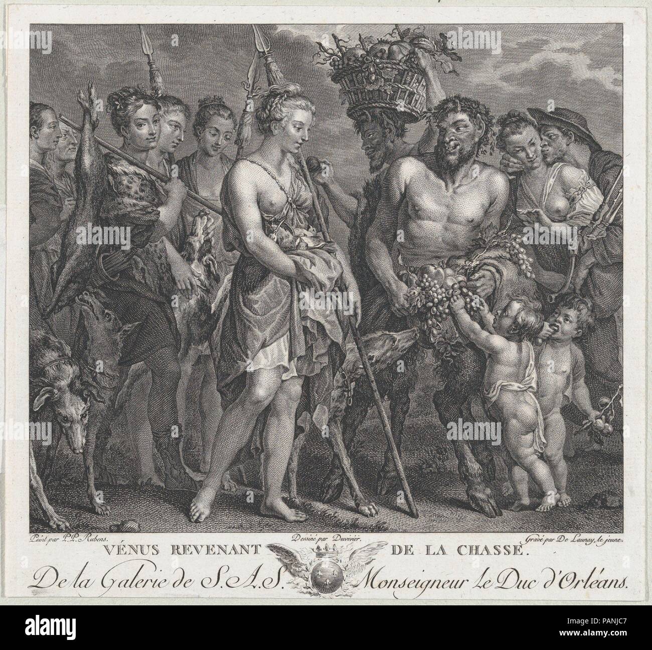 Diana di ritorno dalla chase, accompagnata da cani e le sue ninfe a sinistra due satiri a destra. Artista: dopo Peter Paul Rubens (fiammingo, Siegen 1577-1640 Anversa); Robert de launay (francese, Parigi Parigi 1749-1814); intermediario disegnatore Jean Bernard Duvivier (francese/olandese, Bruges 1762-1837 Paris). Dimensioni: Immagine: 6 15/16 × 8 1/16 in. (17,6 × 20,5 cm) Foglio (trimmed): 8 1/16 × 8 11/16 in. (20,5 × 22,1 cm). Serie/Portfolio: Galerie du Palais Royal. Data: ca. 1808. La stampa viene erroneamente chiamato "Venus revenant de la chasse' (Venere di ritorno da chase) sulla piastra. Museo: Metropol Foto Stock
