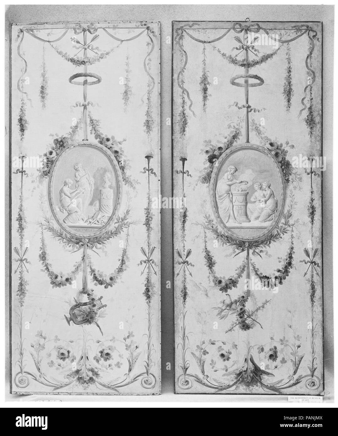 Pannello decorativo (uno di una coppia). Artista: Modo di Le Riche (attivo dal 1780 a Versailles). Cultura: francese. Dimensioni: 66 × 26 3/4 in. (167,6 × 67,9 cm). Data: XVIII secolo. Questo pannello e il suo compagno (07.225.503a) sono attribuiti alla maniera di Le Riche sulla base di concordanze stilistiche a dipinti al Belvedere del Petit Trianon da Le Riche, che ha lavorato su decorazioni a Versailles come 'peintre des Bâtiments de la Reine e' dal 1780 in poi. Museo: Metropolitan Museum of Art di New York, Stati Uniti d'America. Foto Stock