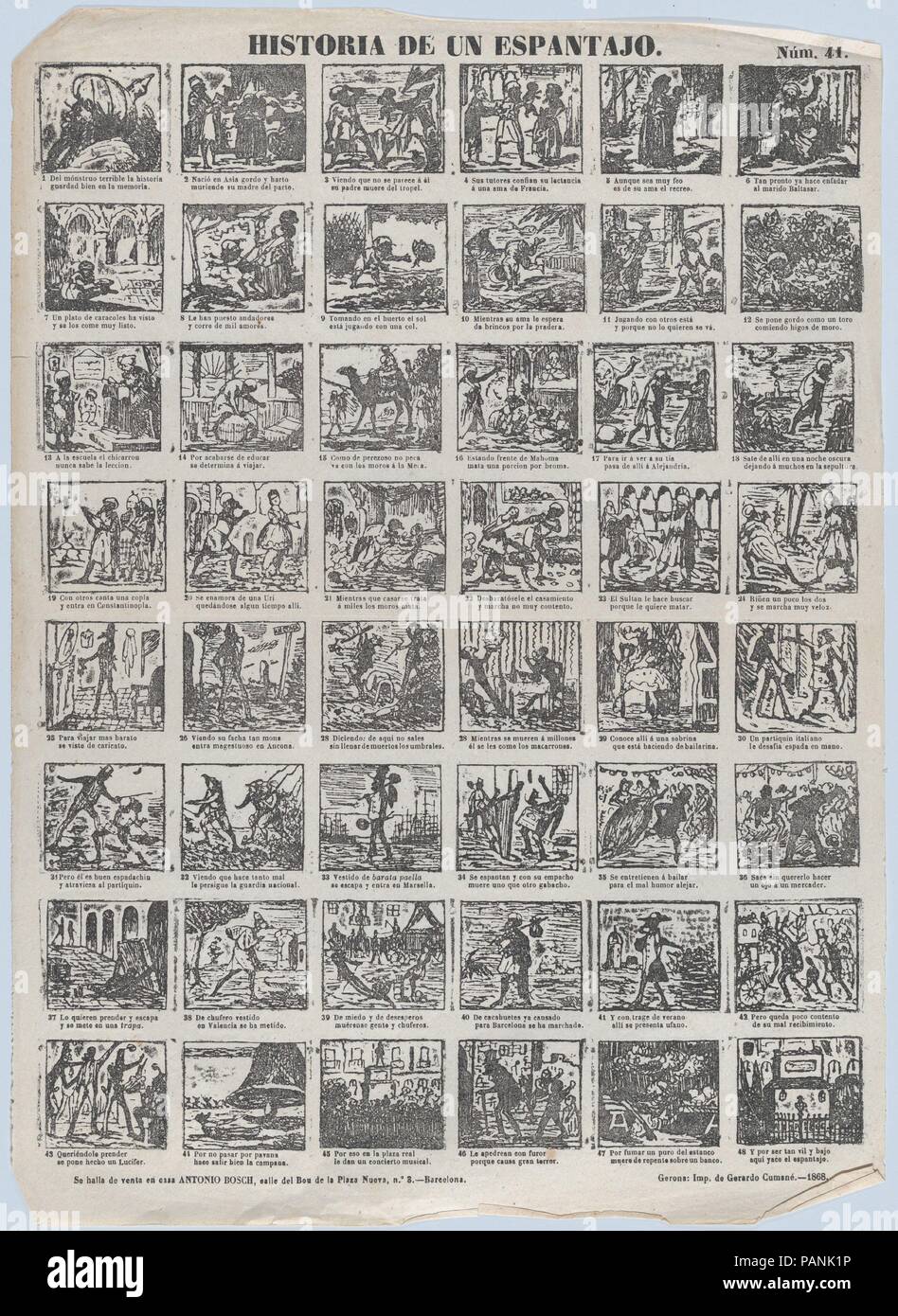 Fiancata con 48 scene relative alla storia di uno spauracchio. Dimensioni: foglio: 17 11/16 × 12 3/8 in. (45 × 31,5 cm). Stampante: Gerardo Cumané (spagnolo, attivo Gerona, 1860s). Editore: Antonio Bosch (spagnolo, active Barcelona, ca. 1860-1880). Data: 1868. Museo: Metropolitan Museum of Art di New York, Stati Uniti d'America. Foto Stock