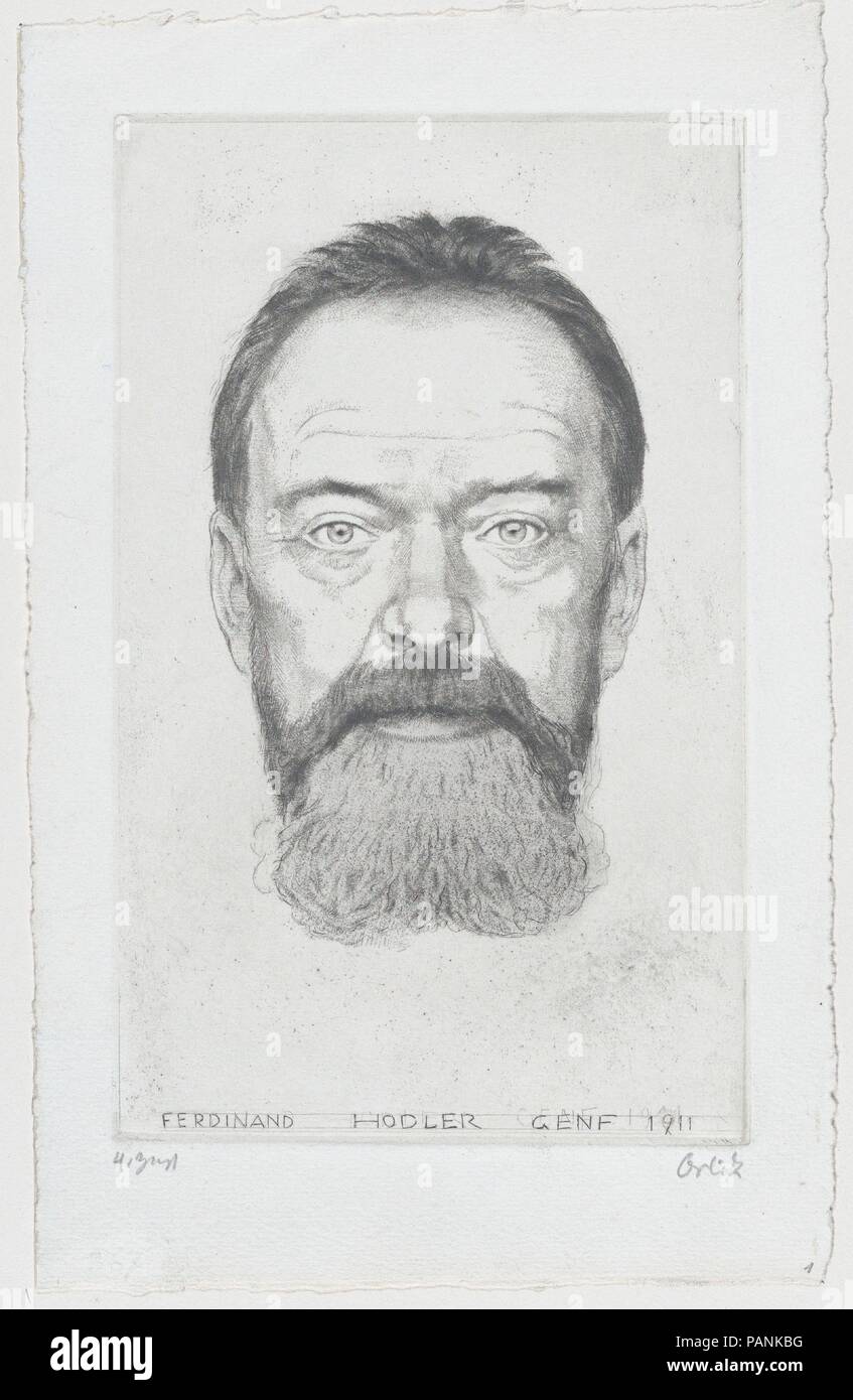 Ferdinand Hodler. Artista: Emil Orlik (austro-ungarico, Praga Berlino 1870-1932). Dimensioni: foglio: 12 1/2 x 9 1/2 in. (31,8 x 24,1 cm) piastra: 9 1/4 x 7 1/8 in. (23,5 x 18,1 cm). Sitter: Ritratto di Ferdinando Hodler (Svizzera, Berna 1853-1918 Ginevra). Data: 1911. Museo: Metropolitan Museum of Art di New York, Stati Uniti d'America. Foto Stock