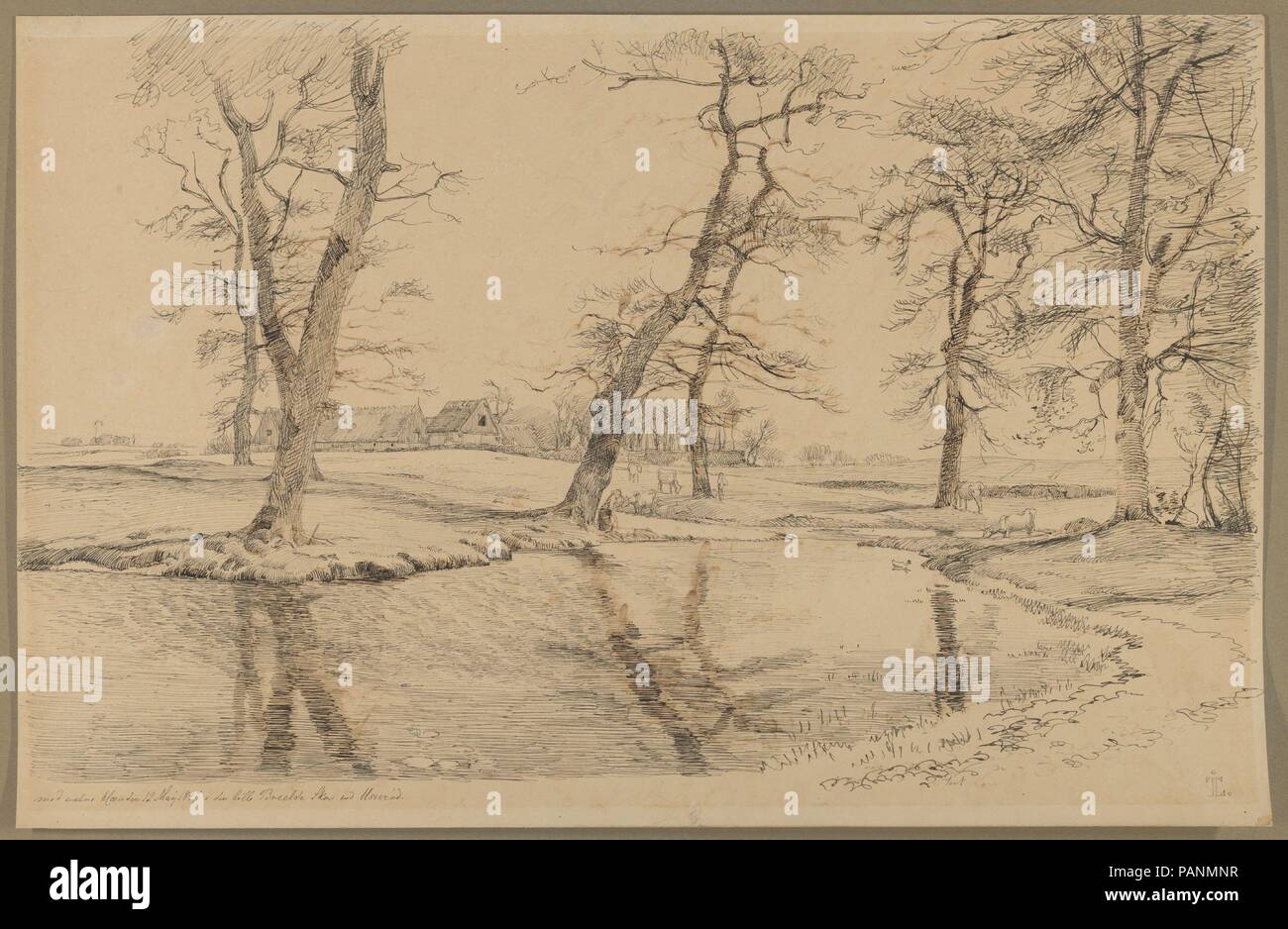 Un ruscello vicino ad una fattoria in Usserød con vacche e due figure. Artista: Johan Thomas Lundbye (danese, Kalundborg Bedsted 1818-1848). Dimensioni: foglio: 11 9/16 × 17 11/16 in. (29,3 × 45 cm). Data: 1847. Museo: Metropolitan Museum of Art di New York, Stati Uniti d'America. Foto Stock