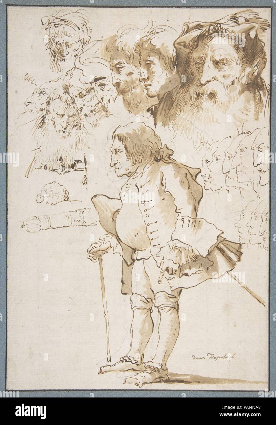 La caricatura di un gentiluomo e altri studi. Artista: Giovanni Domenico Tiepolo (Italiano, 1727-1804 Venezia Venezia). Dimensioni: 10-11/16 x 7-5/16 in. (27,1 x 18,5 cm). Data: 1727-1804. Domenico Tiepolo la idoneità di un caricaturista è ben esemplificato da questo foglio, che se non fosse stato firmato, potrebbe essere facilmente preso per il lavoro del padre Giovanni Battista Tiepolo. Al di sopra del gentiluomo permanente appare un bouquet di carattere capi che si verificano in molti di Domenico dipinti e incisioni; al bordo sinistro vi sono bozzetti di una mano e la punta di una faretra. Come Filippo Pedrocco obs Foto Stock
