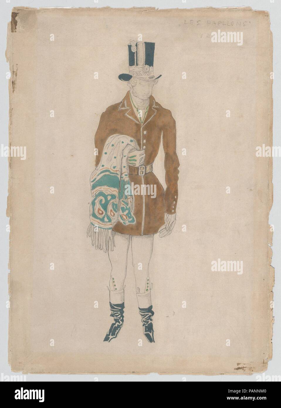 Costume Design per un servizio, probabilmente per il balletto "Les Papillons', ha debuttato al Théâtre de Monte-Carlo, 1914. Artista: Léon Bakst (Russo, Grodno 1866-1924 Paris). Dimensioni: foglio: 10 5/8 in. × 7 a. (27 × 17,8 cm). Data: ca. 1914. Il disegno con un costume design per un servizio, probabilmente per il balletto "Les Papillons,' da Léon Bakst. Les Papillons premiered al Théâtre de Monte-Carlo in 1914, eseguita dai Ballets Russes guidato da Serge Diaghilev. Il design per questo balletto ha segnato la fine di un'interruzione di quasi due anni in cui Bakst arrestato collabroating con Diaghilev. Sebbene Bakst Foto Stock