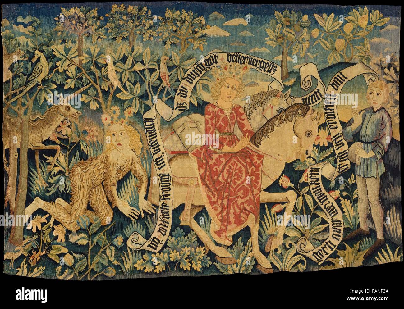 Due scene da 'Der Busant' (la poiana). Cultura: renano superiore. Dimensioni: 31 1/8 x 44 1/2 in. (79 x 113 cm). Data: 1480-90. Rücklaken erano destinati ad essere appeso attorno alle pareti di interni domestici. In questa narrazione arazzo, due scene dal tardo medioevo poesia, 'la poiana,' sono illustrate. Il principe di Inghilterra è raffigurato come un wildman e la principessa di Francia incontra un mugnaio che offre il suo rifugio. Il medio alto tedesco iscrizione allude alla principessa che cercano rifugio, dopodiché l'uomo risponde: "volentieri, anche se come un povero uomo che io ti può offrire nulla." Le scene sono rela Foto Stock