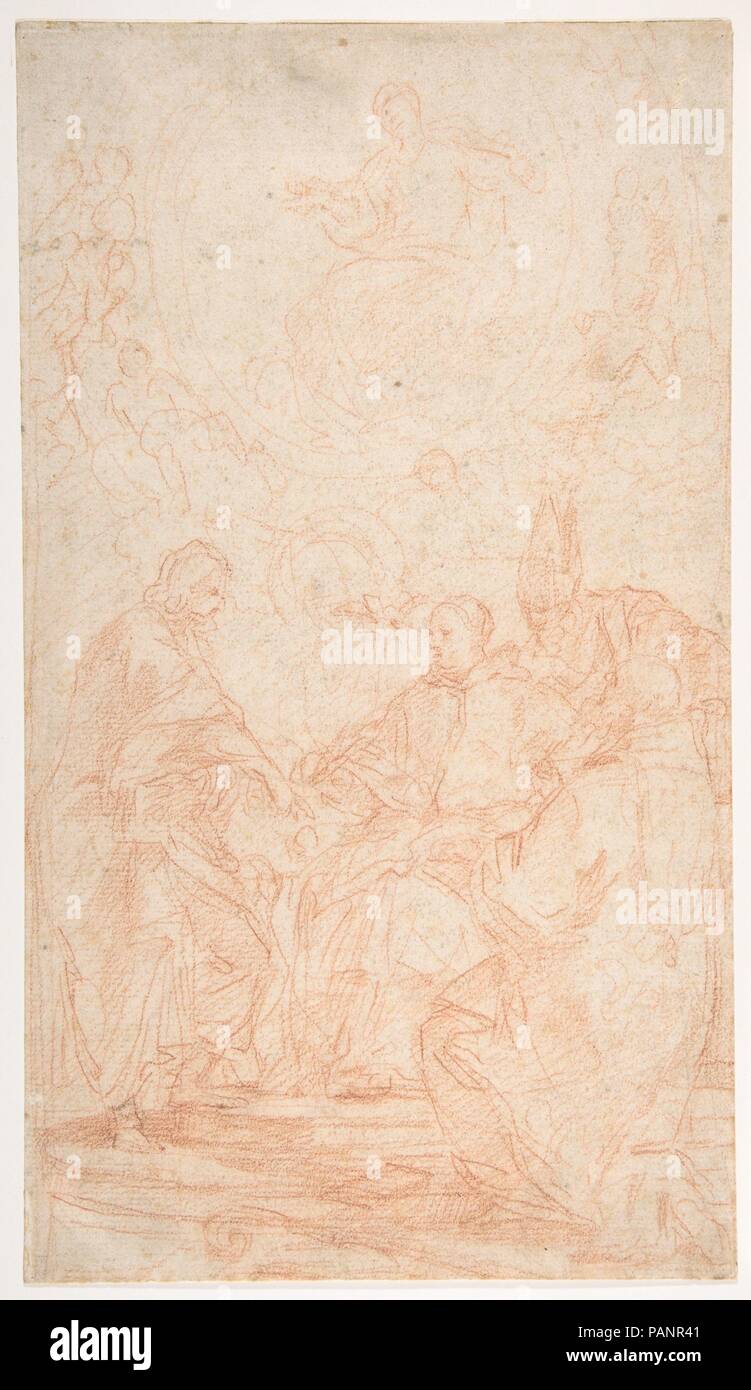 La Vergine Immacolata e quattro Santi maschio (Studio per la controversia sull'Immacolata Concezione). Artista: Carlo Maratti (italiano, Camerano Roma 1625-1713). Dimensioni: 14 3/8 x 8 1/8 in. (36,5 x 20.7cm). Data: 1625-1713. Il Maratti dipinto una pala di questo teologicamente soggetto complesso- San Giovanni Evangelista enunciare la dottrina della Immacolata Concezione di Santi Gregorio, Agostino e Giovanni Crisostomo-per la Cappella Cybo in Santa Maria del Popolo a Roma. Il lavoro è stato completato nel 1686, e la cappella fu consacrato l'anno successivo. Un altro studio di composizione per la stessa painti Foto Stock