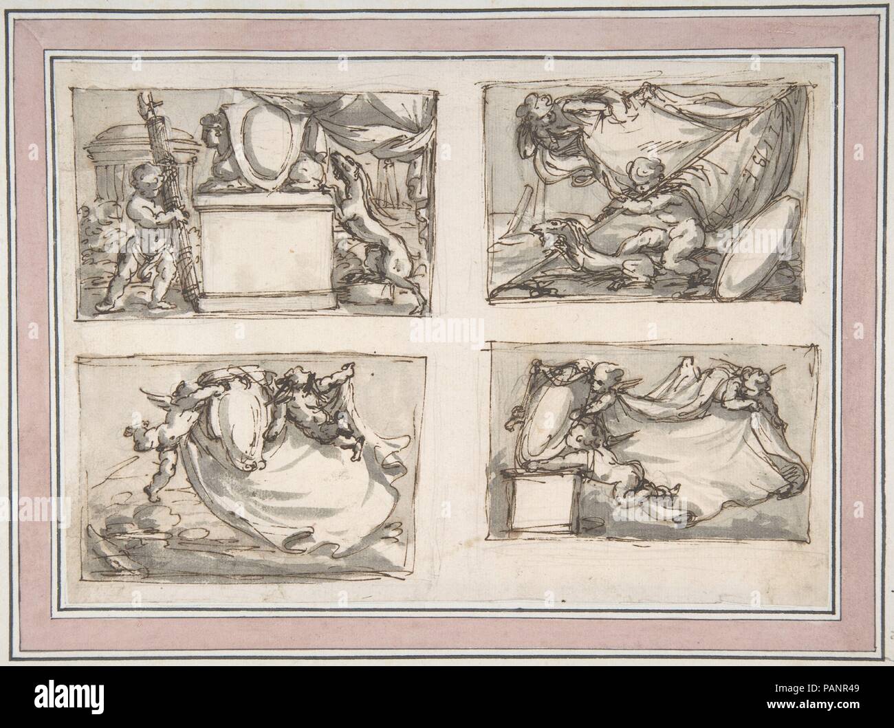 Quattro bozzetti di Putti appeso stemma. Artista: Carlo Marchionni (Italiano, Roma Roma 1702-1786). Dimensioni: 6-7/16 x 9-1/8 in. (16,3 x 23,2 cm) contorni irregolari. Data: 1702-86. Museo: Metropolitan Museum of Art di New York, Stati Uniti d'America. Foto Stock