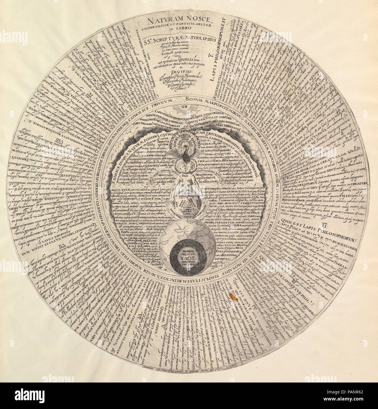 La pietra filosofale da Heinrich Khunrath, Amphiteatrum sapientiae aeternae. Artista: Dopo Hans Vredeman de Vries (Netherlandish, Leeuwarden 1527-1606 (?) Anversa (?); attribuito a Peter van der Doort (nato ad Anversa, Amburgo attivo ca. 1590-1605). Autore: Heinrich Khunrath (tedesco, Dresda 1560-1605). Dimensioni: foglio: diametro 15 7/8 in. (40,4 cm). Data: n.d.. Museo: Metropolitan Museum of Art di New York, Stati Uniti d'America. Foto Stock