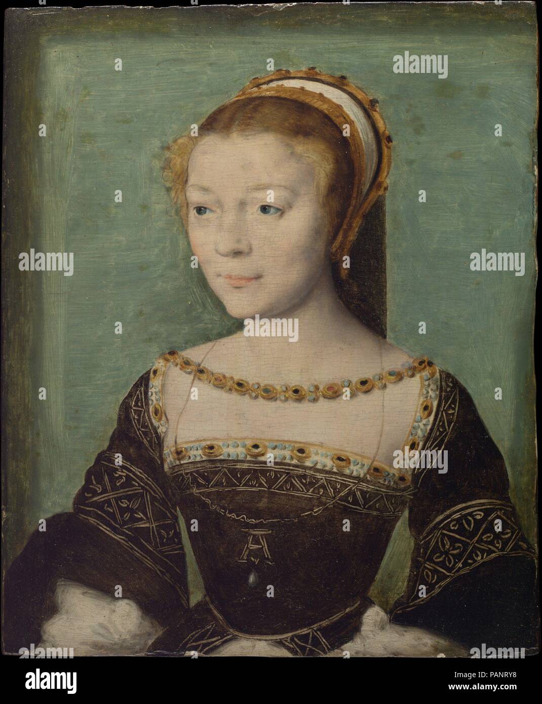 Anne de Pisseleu (1508-1576), Duchesse d'Étampes. Artista: attribuito a Corneille de Lyon (Netherlandish, l'Aia, attivo dal 1533-1575 morì di Lione). Dimensioni: 7 x 5 5/8 in. (17,8 x 14,3 cm). Data: ca. 1535-40. Rinomato per la sua brillantezza e bellezza, Anne de Pisseleu era amante di Francesco I. ella è stata introdotta al re a corte nel 1526 quando aveva diciassette anni. Dopo la sua morte nel 1547, è stata licenziata dalla corte dalla padrona di successo (Re Enrico II), e morì nell'oscurità. Qui indossa una collana in oro e un ciondolo con la sua iniziale 'A' e una perla. Museo: Metropoli Foto Stock