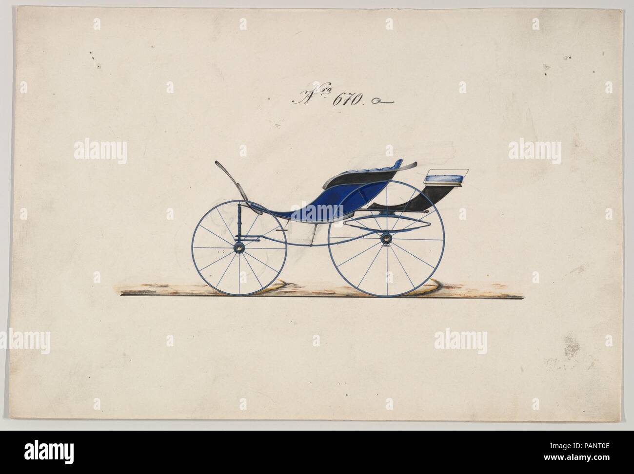 Design per pony Phaeton, no. 670a. Dimensioni: foglio: 6 5/16 x 9 5/16 in. (16 x 23,7 cm). Produttore: Brewster & Co. (Americani, New York). Data: 1850-70. Brewster & Azienda Storia Istituito nel 1810 da James Brewster (1788-1866) in New Haven, Connecticut, Brewster & Company specializzata nella produzione di carrelli di fine. Il fondatore ha aperto a New York showroom in 1827 a 53-54 Broad Street e la Società fiorirono sotto le generazioni della famiglia di leadership. Necessitava di espansione si muove intorno a Manhattan, con modifiche del nome che riflette i turni di gestione-James Brewster & Sons operat Foto Stock