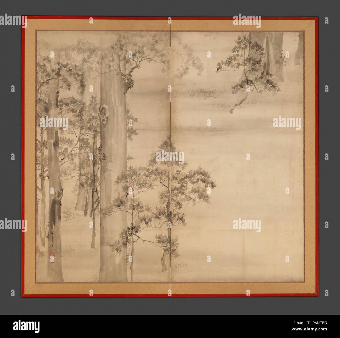Cipressi. Artista: Ikeda Koson (giapponese, 1803-1868). Cultura: il Giappone. Dimensioni: Immagine: 59 5/16 x 63 1/16 in. (150.6 x 160,2 cm) complessivamente con il montaggio: 67 1/2 x 70 1/2 in. (171,5 x 179.1 cm.). Data: metà del XIX secolo. In questo drammatico di close-up di un singolo elemento del paesaggio, Ikeda Koson esegue il rendering di un momento senza tempo in un boschetto di cipressi hinoki. Egli raffigura un atmosfera di misty spazio e luce di cambio da abilmente diversi toni di inchiostro da nero a grigio nelle foglie di frond-come branchlets. La consistenza e la forma risultante dalla applicazione di inchiostro umido su lavaggi pallido sui tronchi di alberi. Koson, un Foto Stock