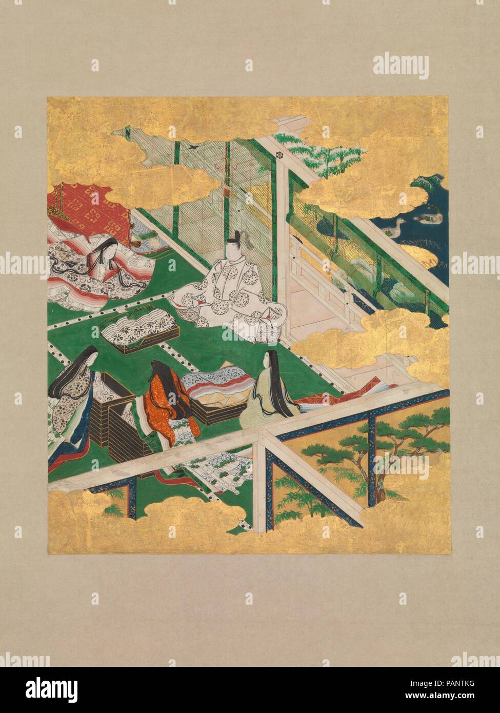 'La Jeweled coroncina' ('Tamakazura'), dal racconto di Genji (Genji monogatari). Artista: Cerchio di Tosa Mitsuyoshi (giapponese, 1539-1613). Cultura: il Giappone. Dimensioni immagine: (a): 9 5/8 x 8 3/8 in. (24,4 × 21,3 cm) complessivamente con il supporto di montaggio (a): 53 1/4 × 15 11/16 in. (135.3 × 39,8 cm) in generale con le manopole (A): 53 1/4 × 17 3/8 in. (135.3 × 44,2 cm) immagine (b): 9 7/16 x 8 3/8 in. (24 × 21,2 cm) complessivamente con il supporto di montaggio (B): 53 1/8 × 15 5/8 in. (135 × 39,7 cm) in generale con le manopole (B): 53 1/8 × 17 3/8 in. (135 × 44,1 cm). Data: inizio del XVII secolo. In questa scena da un album del XI secolo romanzo, Foto Stock