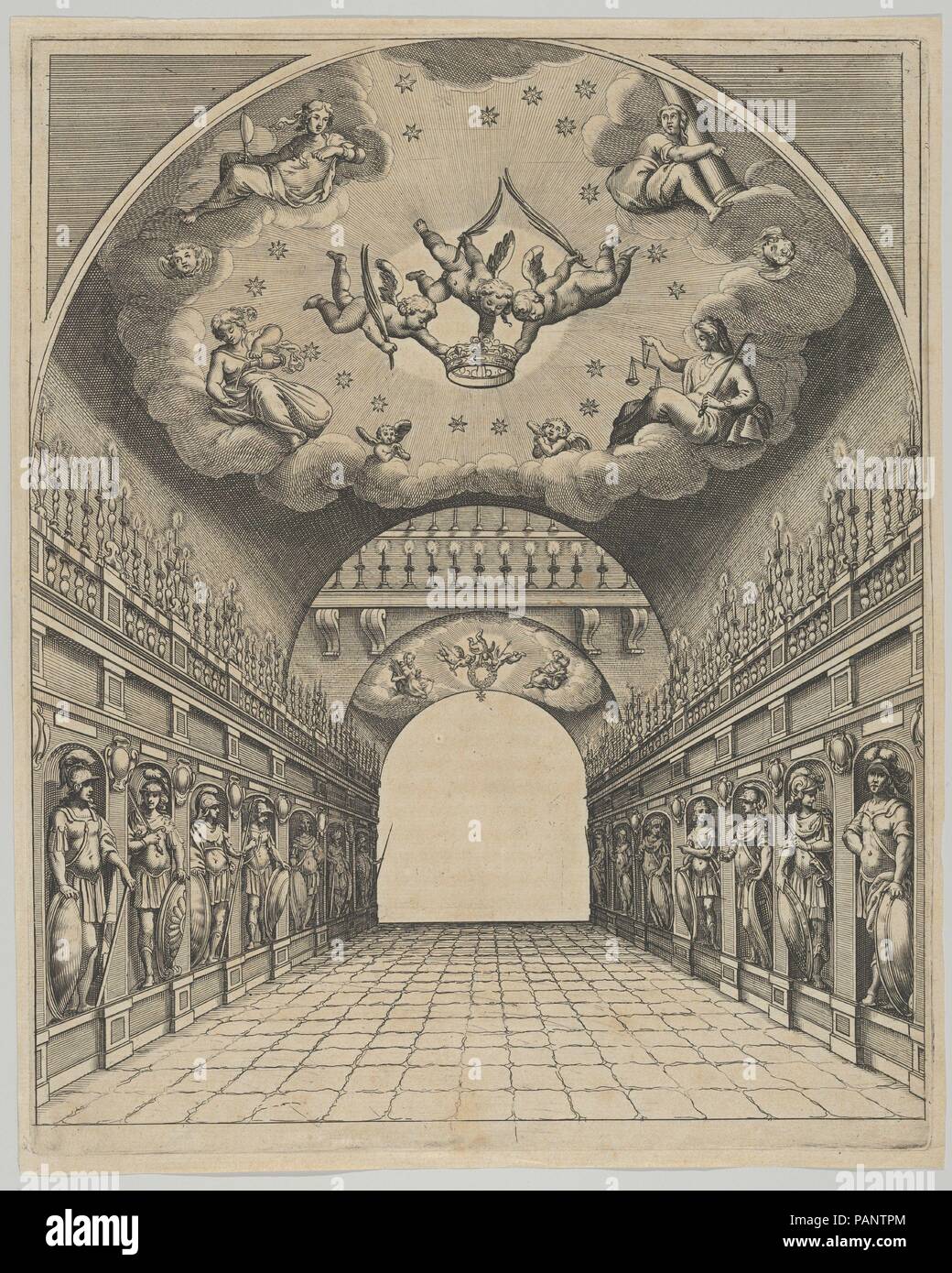 Grande sala da 'Éloges et Discours sur la triomphante réception du Roy en sa Ville de Paris ..." da Jean-Baptiste de Machault. Artista: Melchior Tavernier (Francese (nato Fiandre), Anversa 1564-1641 Parigi); Pierre Firens I (fiammingo, Anversa 1580-1638 Parigi); dopo Abraham Bosse (francese, Tours 1602/1604-1676 Parigi). Autore: Jean-Baptiste de Machault (francese del XVII secolo). Dimensioni: foglio: 11 11/16 × 9 7/16 in. (29,7 × 24 cm): piastra 11 5/16 x 9 3/16 in. (28,7 × 23,3 cm). Data: 1629. Museo: Metropolitan Museum of Art di New York, Stati Uniti d'America. Foto Stock