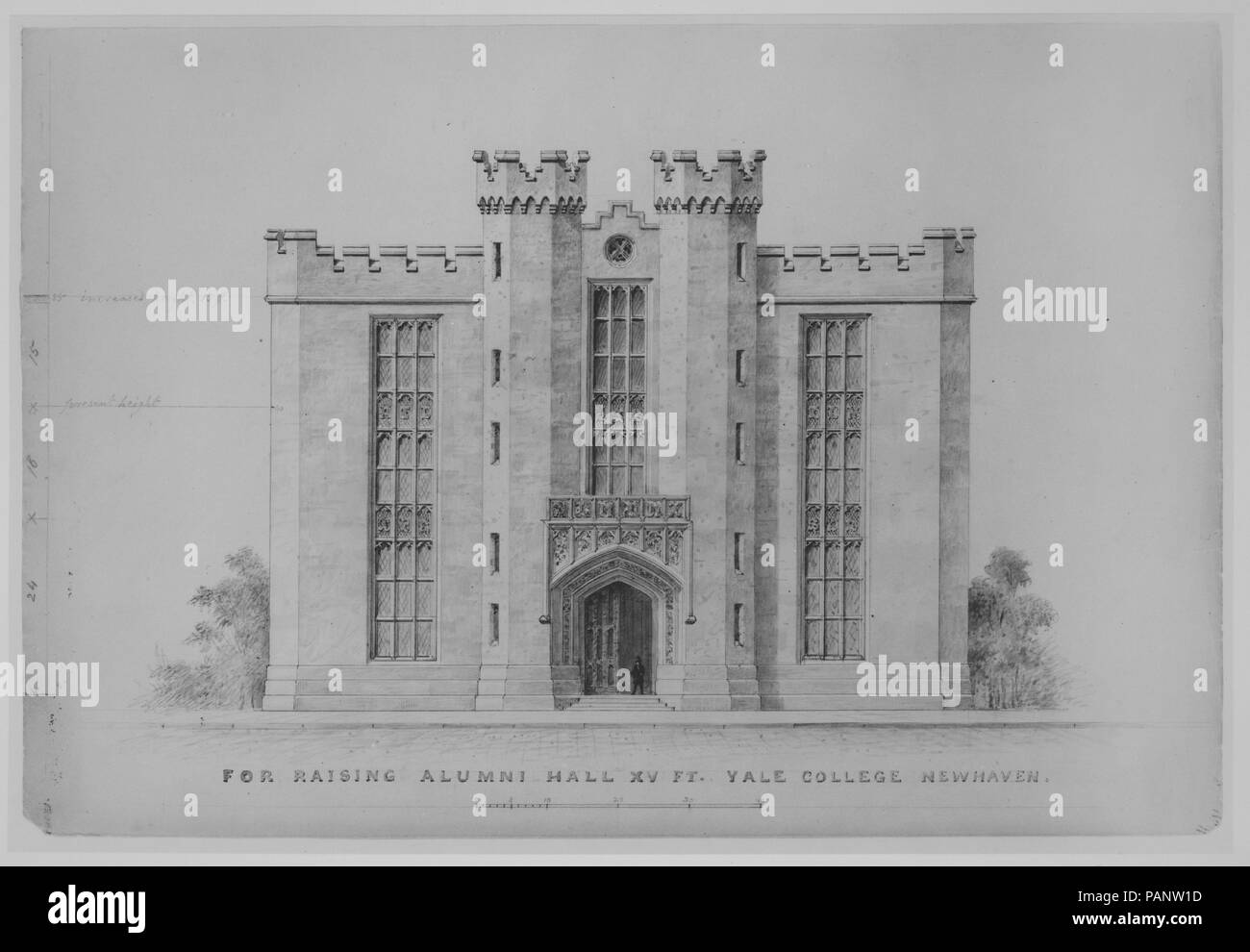 Proposta di sollevamento da 15 piedi, Alumni Hall, Yale College, New Haven (elevazione della facciata). Artista: Alexander Jackson Davis (American, New York 1803-1892 di West Orange, New Jersey). Dimensioni: foglio: 14 x 21 3/16 in. (35,6 x 53,8 cm). Data: 1881. Museo: Metropolitan Museum of Art di New York, Stati Uniti d'America. Foto Stock