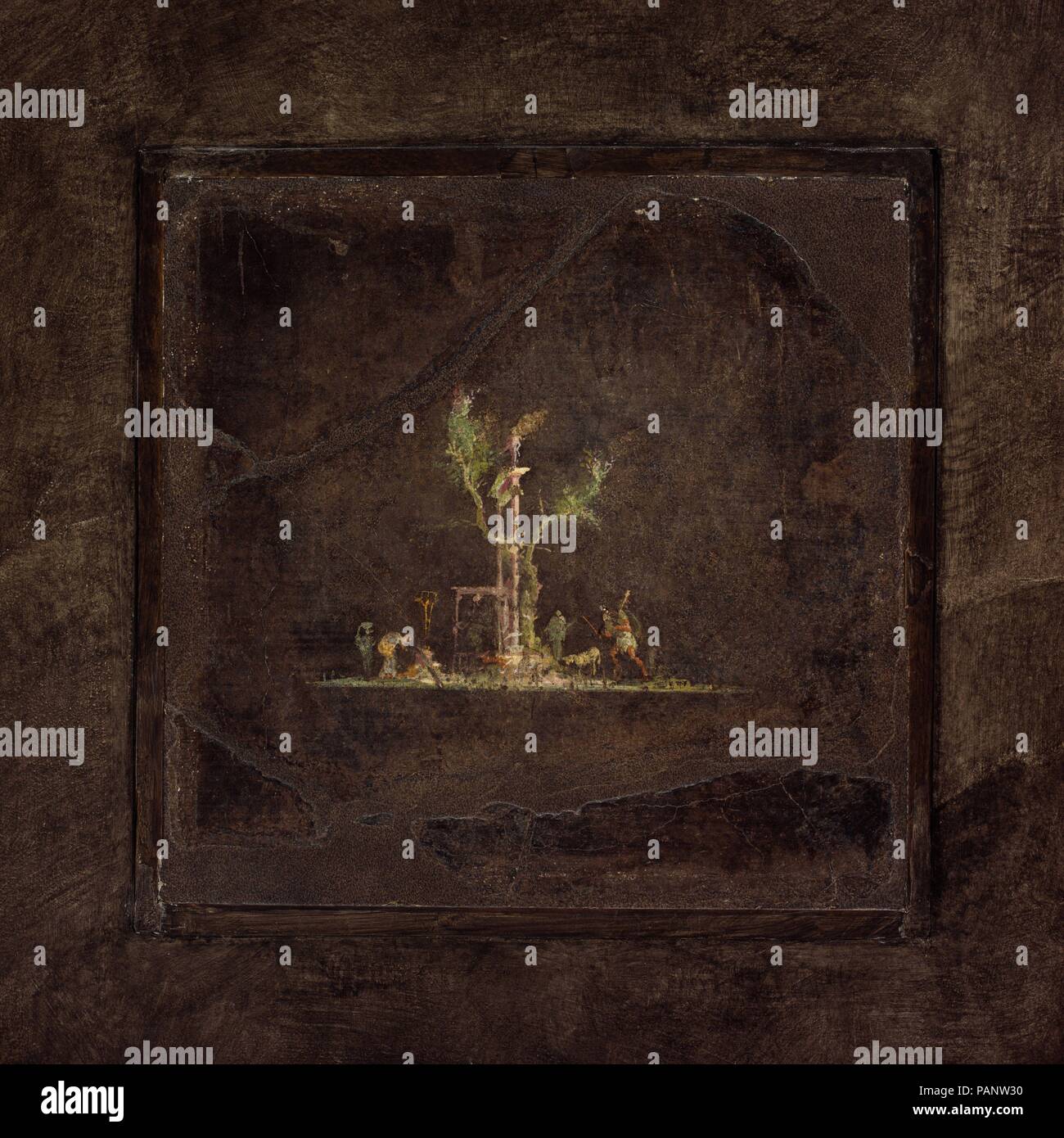 Pittura murale sulla terra nero: paesaggio, dalla villa imperiale a Boscotrecase. Cultura: romana, pompeiane. Dimensioni: complessivo: 12 x 12 1/2a. (30,5 x 31,8 cm). Data: ultimo decennio del I secolo A.C. Molti privati ville estive erano situati lungo la costa vicino a Napoli. Uno dei più sontuosi deve essere stata la villa costruita da Agrippa, amico dell'imperatore Augusto e il marito di sua figlia Julia. Si attestava che si affaccia sulla baia di Napoli da un punto vicino alla moderna cittadina di Boscotrecase. La villa è stata parzialmente scavato tra il 1903 e il 1905 dopo la sua scoperta accidentale durante il lavoro o Foto Stock