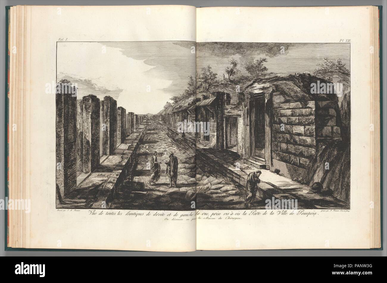 Vista davanti al cancello di ingresso di tutti i negozi a destra e a sinistra della strada della città di Pompei, da Antiquités de Pompeïa, tome premier, Antiquités de la Grande Grèce... (Antichità di Pompei, volume, Antichità di grande Grecia...), volume 1, la piastra 13. Artista: Francesco Piranesi (Italiano, Roma 1758-1810 Parigi); dopo Giovanni Battista Piranesi (italiano, Mogliano Veneto Roma 1720-1778). Dimensioni: foglio: 21 7/8 x 31 9/16 in. (55,5 x 80,2 cm) Piastra: 16 13/16 x 28 3/4 in. (42,7 x 73 cm). Serie/Portfolio: Antiquités de Pompeïa, tome premier, Antiquités de la Grande Grèc Foto Stock