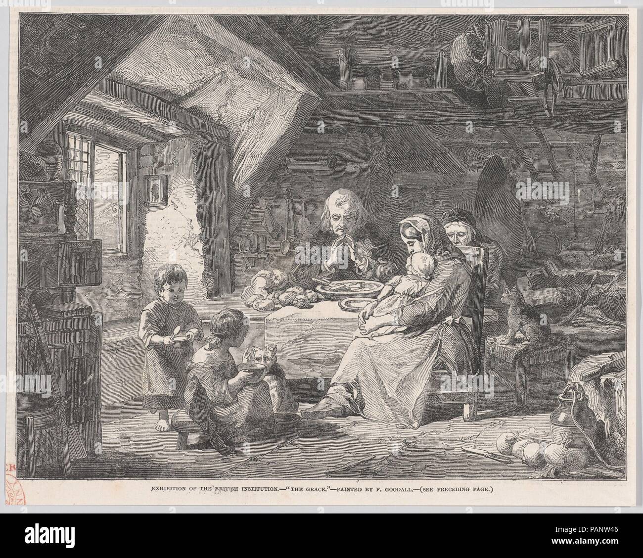 La grazia, da 'Illustrated London News'. Artista: dopo Frederick Goodall (British, Londra Londra 1822-1904). Dimensioni: Immagine: 6 3/4 × 8 15/16 in. (17,2 × 22,7 cm) foglio: 7 1/4 x 9 3/16 in. (18,4 × 23,4 cm). Data: 14 giugno 1851. Come una famiglia si riunisce per mangiare in un umile camera, un nonno benedice il cibo accanto alla moglie, come una giovane donna tiene un bambino in grembo e due bambini seduti tranquillamente in foregound. L'incisione su legno riproduce un dipinto di Frederick Goodall, il secondo figlio del linea esperto intagliatore Edward Goodall. Come un bambino, Federico e dei suoi fratelli era stato incoraggiato Foto Stock
