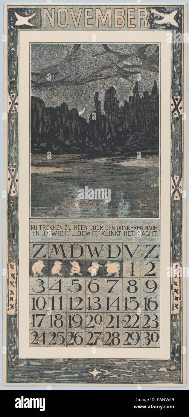 Novembre. Artista: Theodorus van Hoytema (olandese, l'Aia 1863-1917 l'AIA). Dimensioni: foglio: 17 3/8 x 8 3/8 in. (44,1 × 21,3 cm). Data: 1907. Van Hoytema era uno dei più importanti designer di grafica in Olanda durante il tardo XIX-XX secolo. Egli fu il più noto per le sue immagini del mondo naturale, in particolare gli uccelli. La sua popolarità era principalmente dovuta ai suoi libri per bambini - il Met ha uno di questi nella raccolta (1970.685.3) - e i suoi calendari. La presente incisione è stata prodotta come pagina del calendario per il mese di novembre nel suo calendario per il 1907. Il Met al Foto Stock