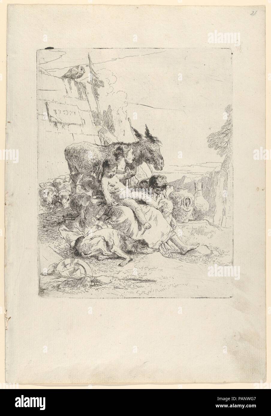 Una madre con due bambini, dall'scherzi. Artista: Giovanni Battista Tiepolo (italiano, Venezia 1696-1770 Madrid). Dimensioni: Piastra: 8 13/16 x 6 15/16 in. (22,4 x 17,6 cm) foglio: 13 1/2 x 9 1/4 in. (34,3 x 23,5 cm). Data: ca. 1740. Museo: Metropolitan Museum of Art di New York, Stati Uniti d'America. Foto Stock